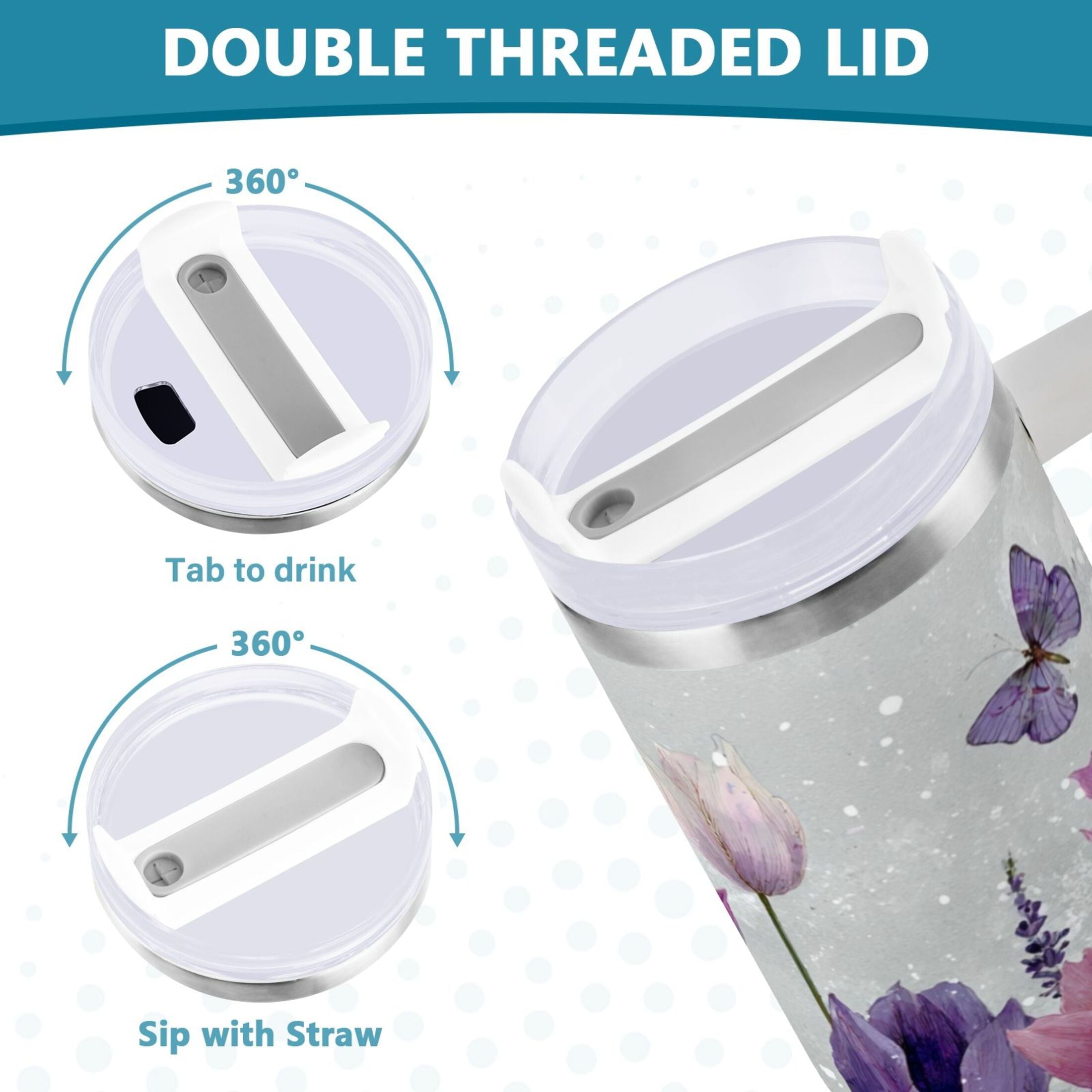 40 oz Insulated Stainless Steel Tumbler Double Wall Stainless Steel Tumbler with 2-Way Drinking Colorful Tulips and Lavender Edition-6XHO