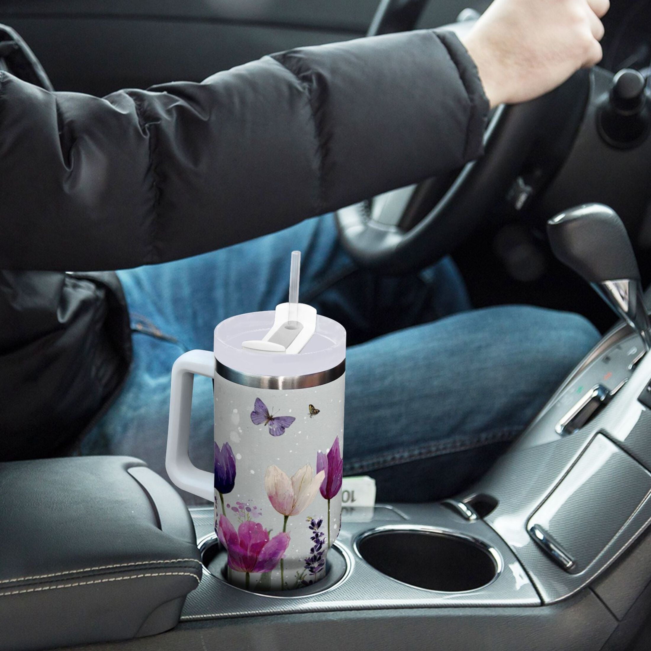 40 oz Insulated Stainless Steel Tumbler Double Wall Stainless Steel Tumbler with 2-Way Drinking Colorful Tulips and Lavender Edition-6XHO