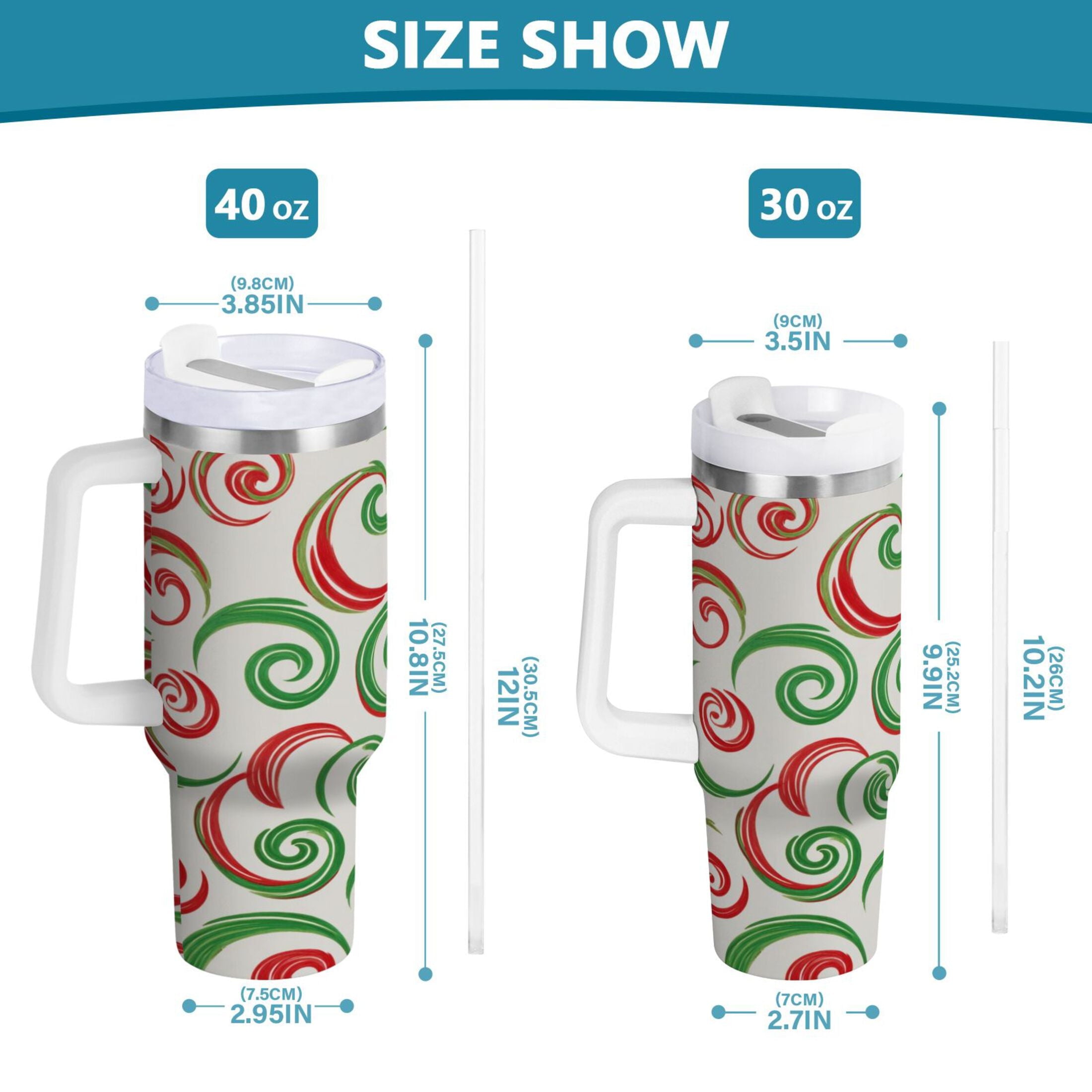 40 oz Insulated Stainless Steel Tumbler Double Wall Stainless Steel Tumbler with 2-Way Drinking Red and Green Swirls Edition-P94G