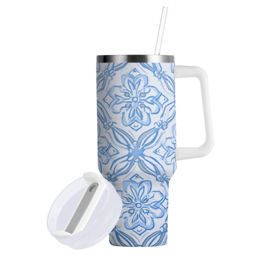 30 oz Insulated Stainless Steel Tumbler Double Wall Stainless Steel Tumbler with 2-Way Drinking Blue Elegant Geometric Design Edition-SCHG