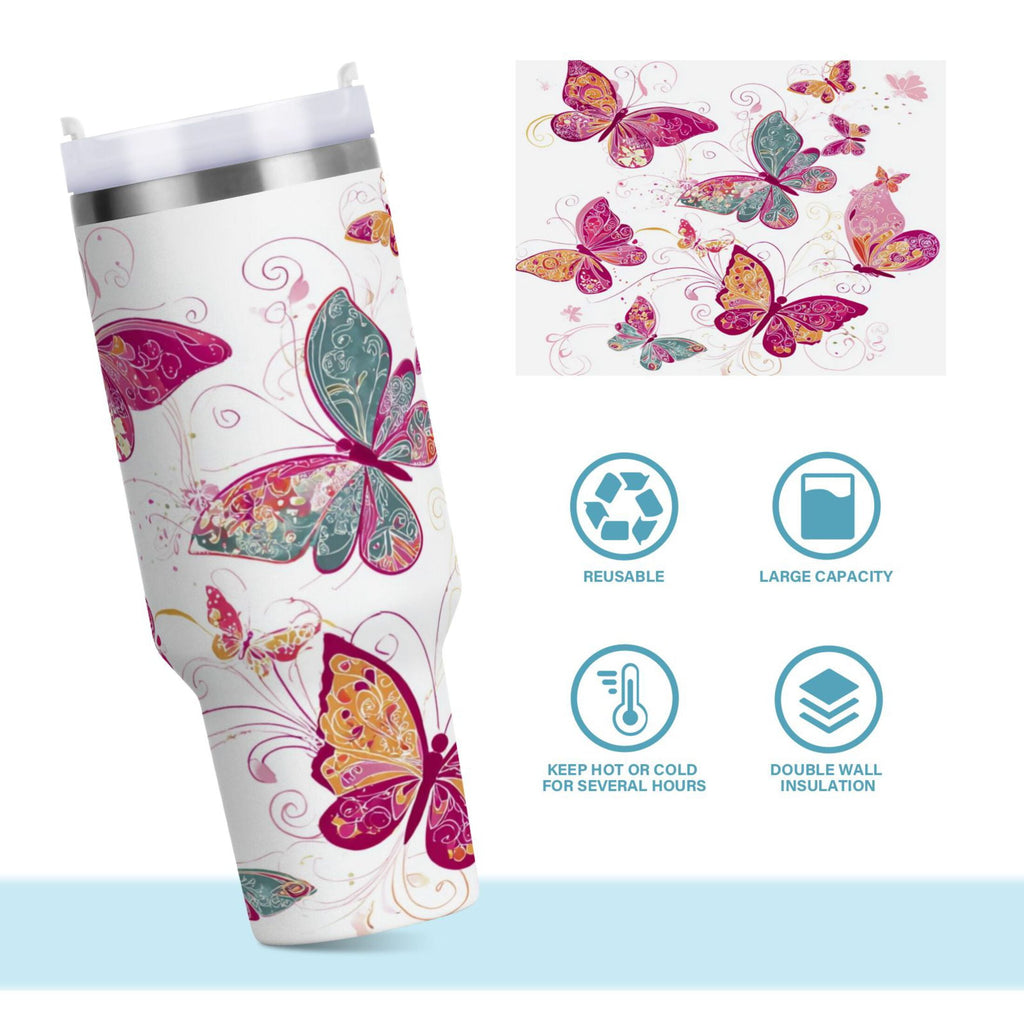 30 oz Insulated Stainless Steel Tumbler Double Wall Stainless Steel Tumbler with 2-Way Drinking Colorful Butterflies Edition-JJJ8