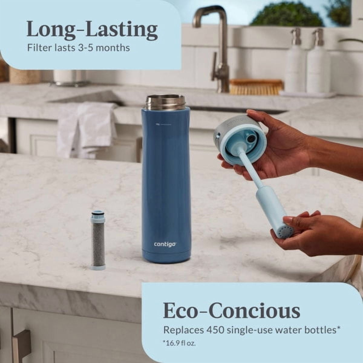 Contigo 24 oz. Wells Chill Stainless Steel Filter Bottle w/ Filters - Dark Ice Edition-NZRT