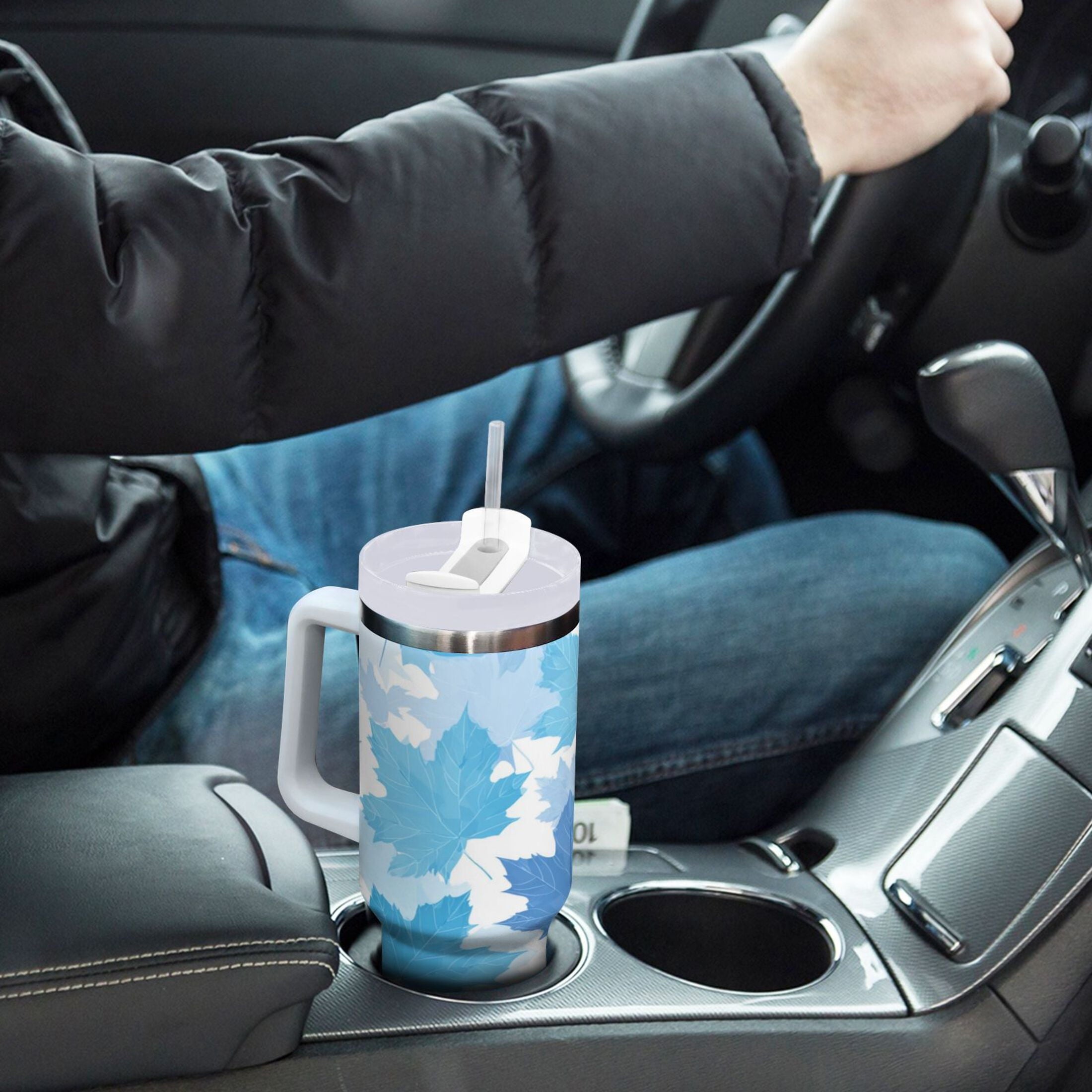 30 oz Insulated Stainless Steel Tumbler Double Wall Stainless Steel Tumbler with 2-Way Drinking Light Blue Maple Leaves Edition-HYG5
