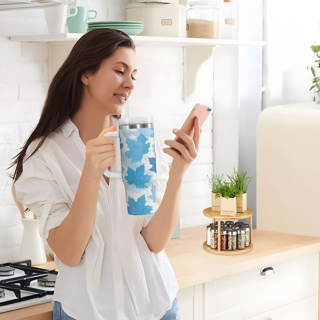30 oz Insulated Stainless Steel Tumbler Double Wall Stainless Steel Tumbler with 2-Way Drinking Light Blue Maple Leaves Edition-HYG5