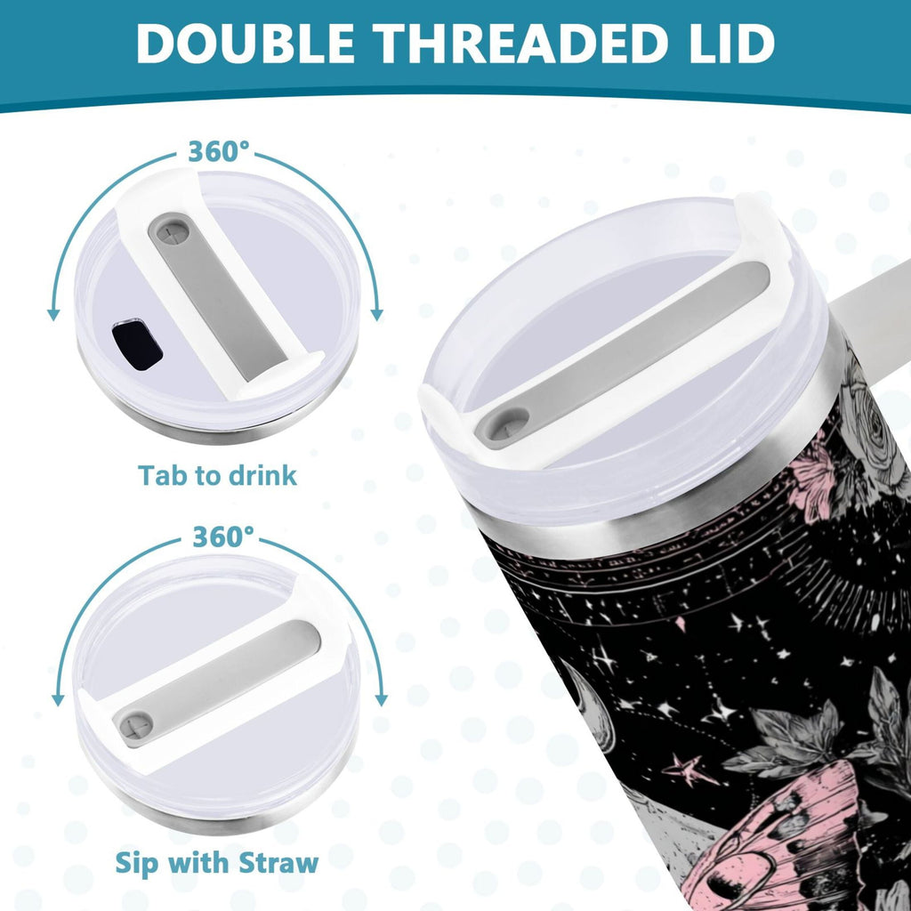 30 oz Insulated Stainless Steel Tumbler Double Wall Stainless Steel Tumbler with 2-Way Drinking Butterfly by Moon and Flowers Edition-D734