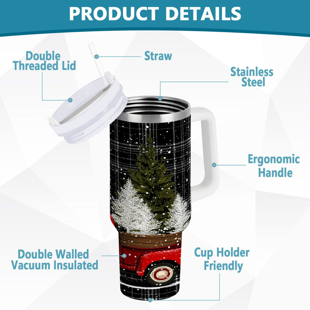 40 oz Insulated Stainless Steel Tumbler Double Wall Stainless Steel Tumbler with 2-Way Drinking Red Truck with Christmas Tree Edition-1SYY