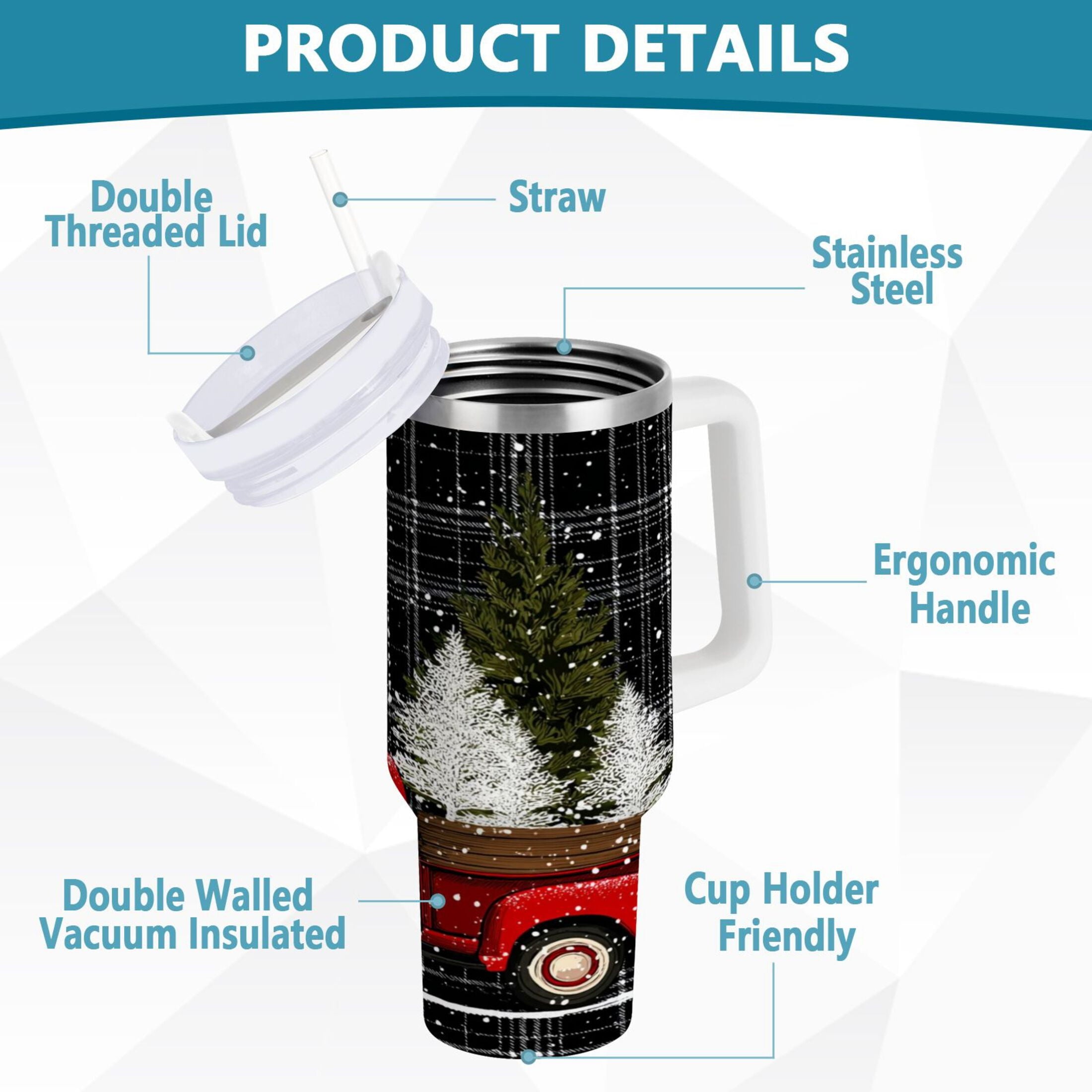 40 oz Insulated Stainless Steel Tumbler Double Wall Stainless Steel Tumbler with 2-Way Drinking Red Truck with Christmas Tree Edition-1SYY