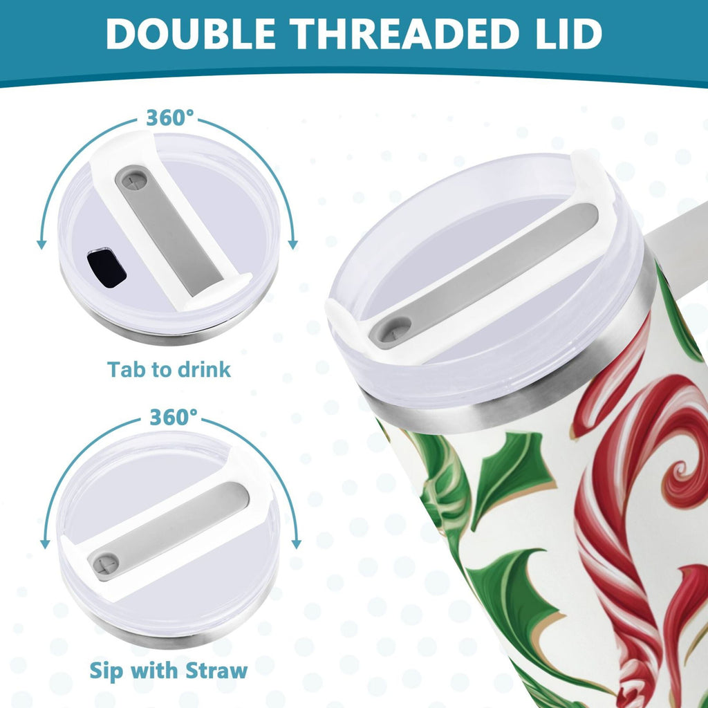 40 oz Insulated Stainless Steel Tumbler Double Wall Stainless Steel Tumbler with 2-Way Drinking Red and Green Candy-cane Edition-NQAK