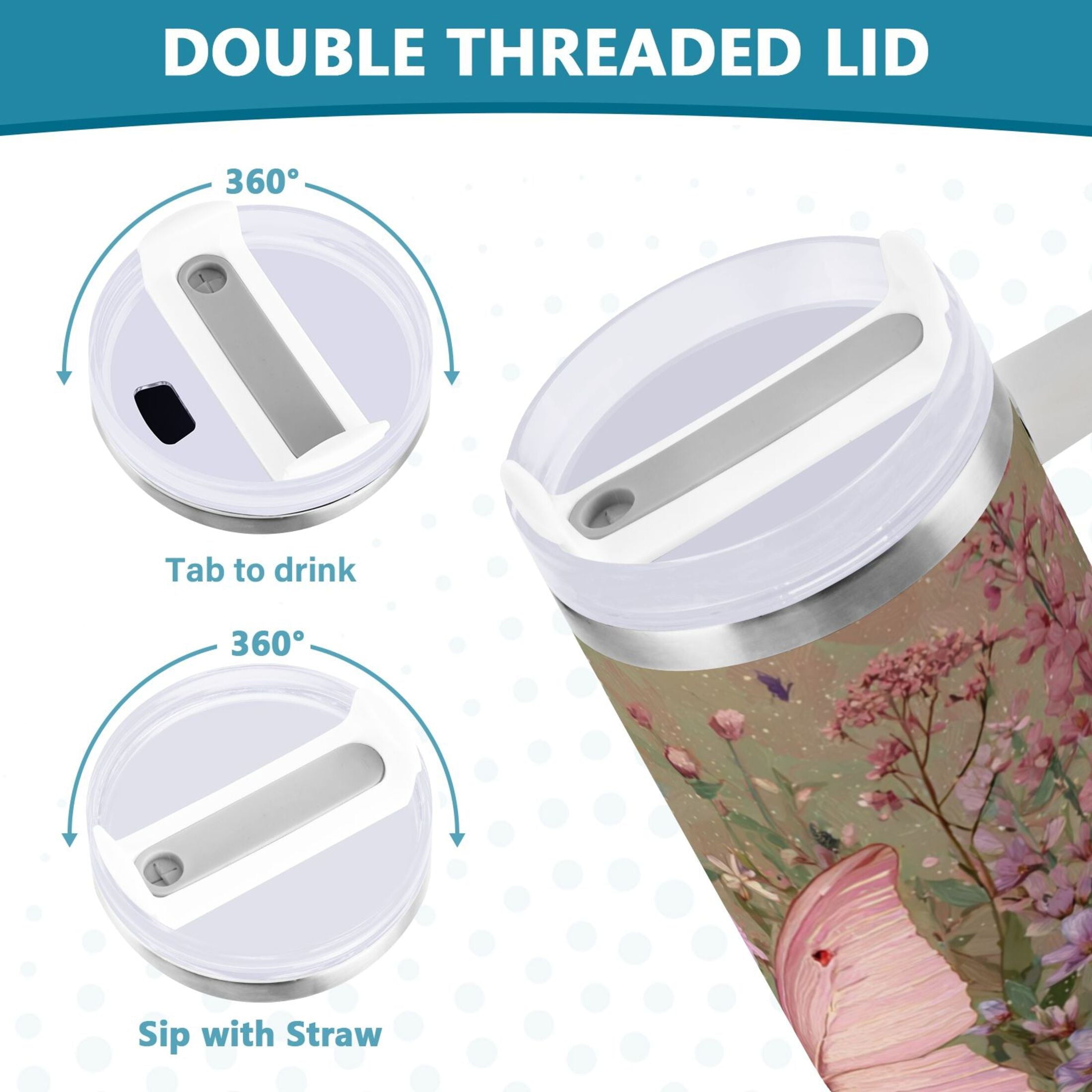 30 oz Insulated Stainless Steel Tumbler Double Wall Stainless Steel Tumbler with 2-Way Drinking Delicate Butterfly Edition-N7B9