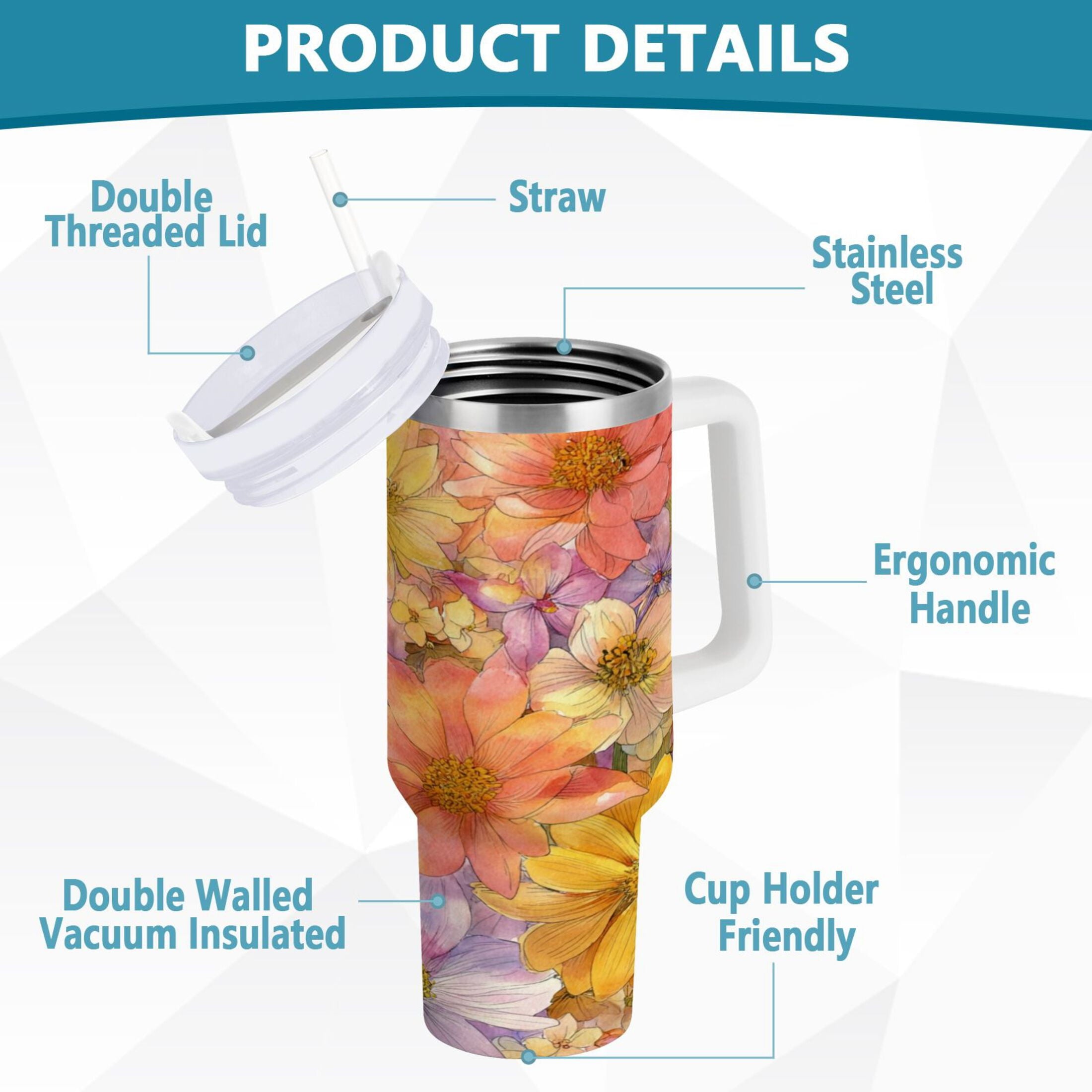 30 oz Insulated Stainless Steel Tumbler Double Wall Stainless Steel Tumbler with 2-Way Drinking Summer Blossoms Edition-4L4X