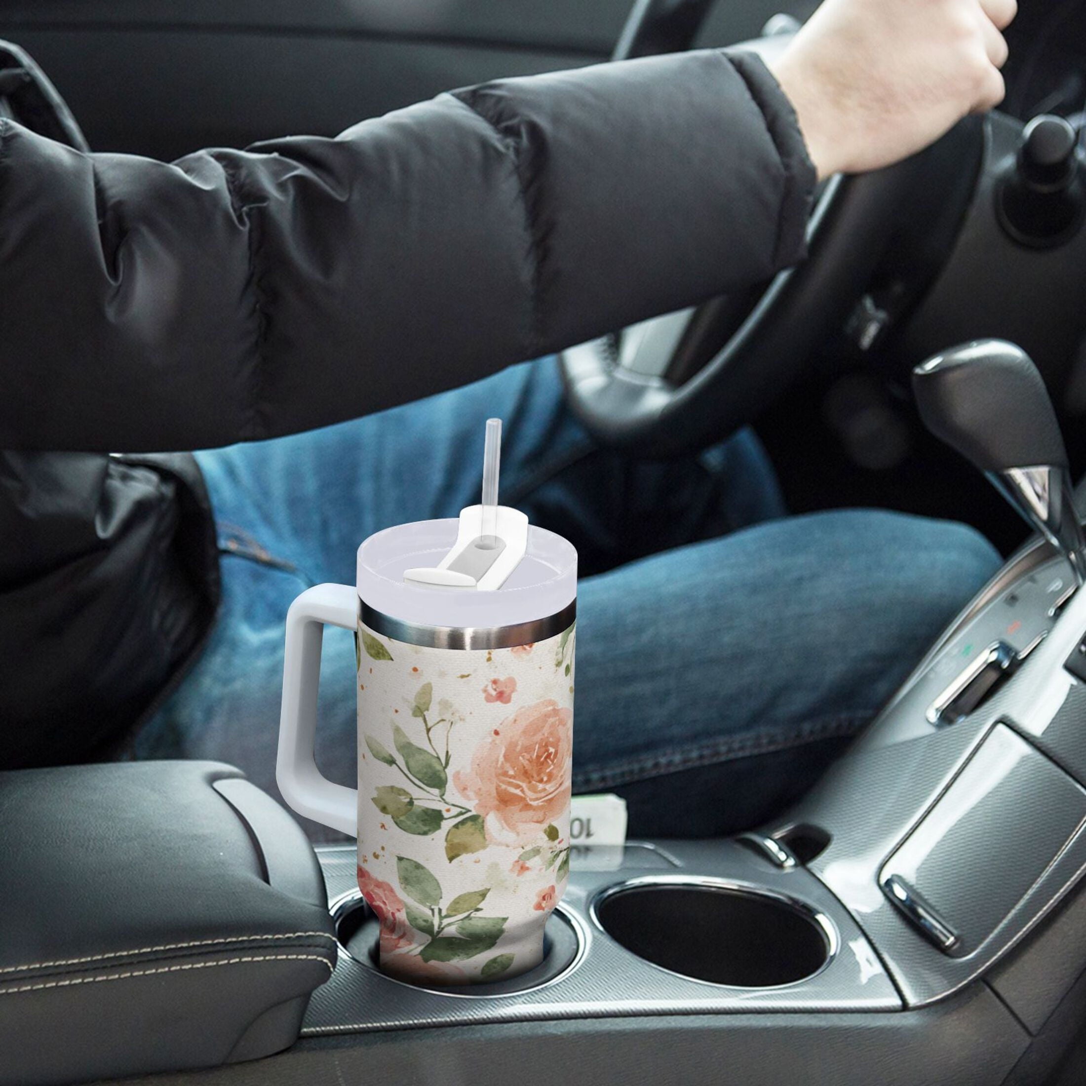 40 oz Insulated Stainless Steel Tumbler Double Wall Stainless Steel Tumbler with 2-Way Drinking Watercolor Rose Floral Pattern Edition-9A68