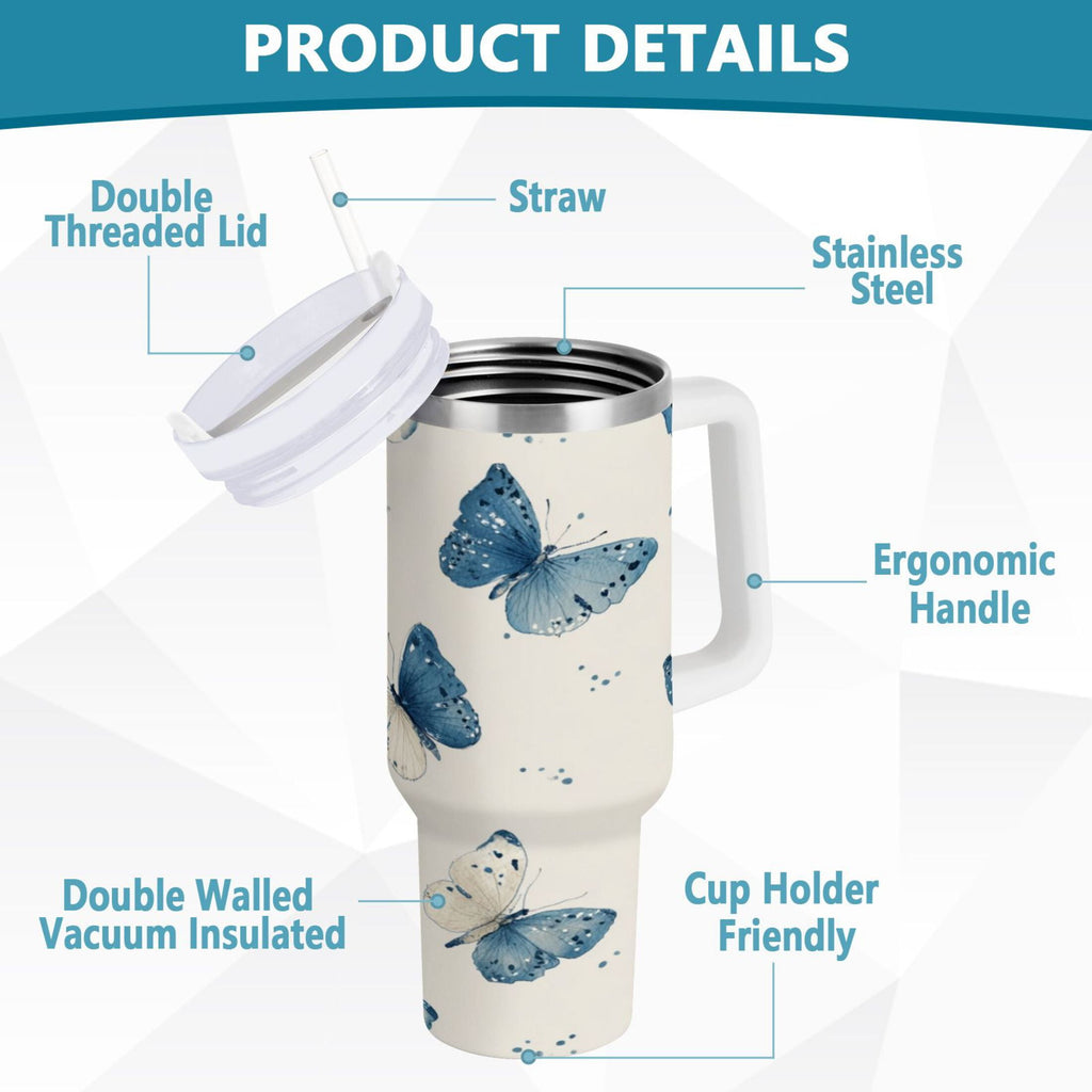 30 oz Insulated Stainless Steel Tumbler Double Wall Stainless Steel Tumbler with 2-Way Drinking Blue Watercolor Butterflies Edition-RNLV