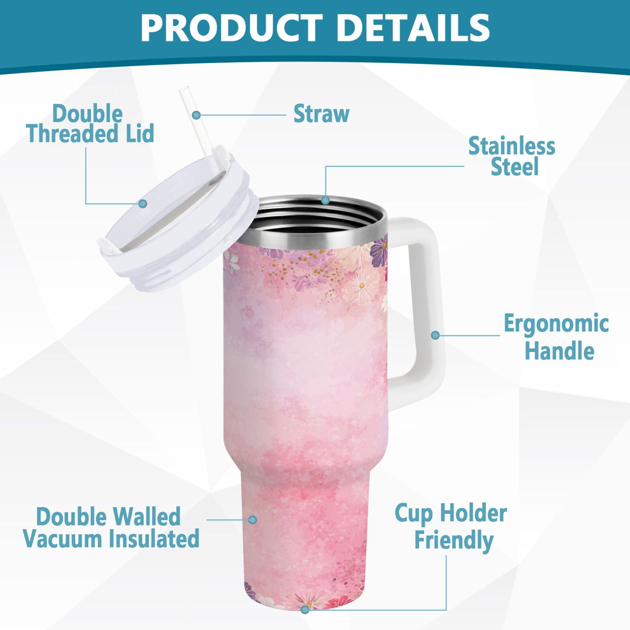 30 oz Insulated Stainless Steel Tumbler Double Wall Stainless Steel Tumbler with 2-Way Drinking Colorful Pastel Floral Pattern Edition-VFF3