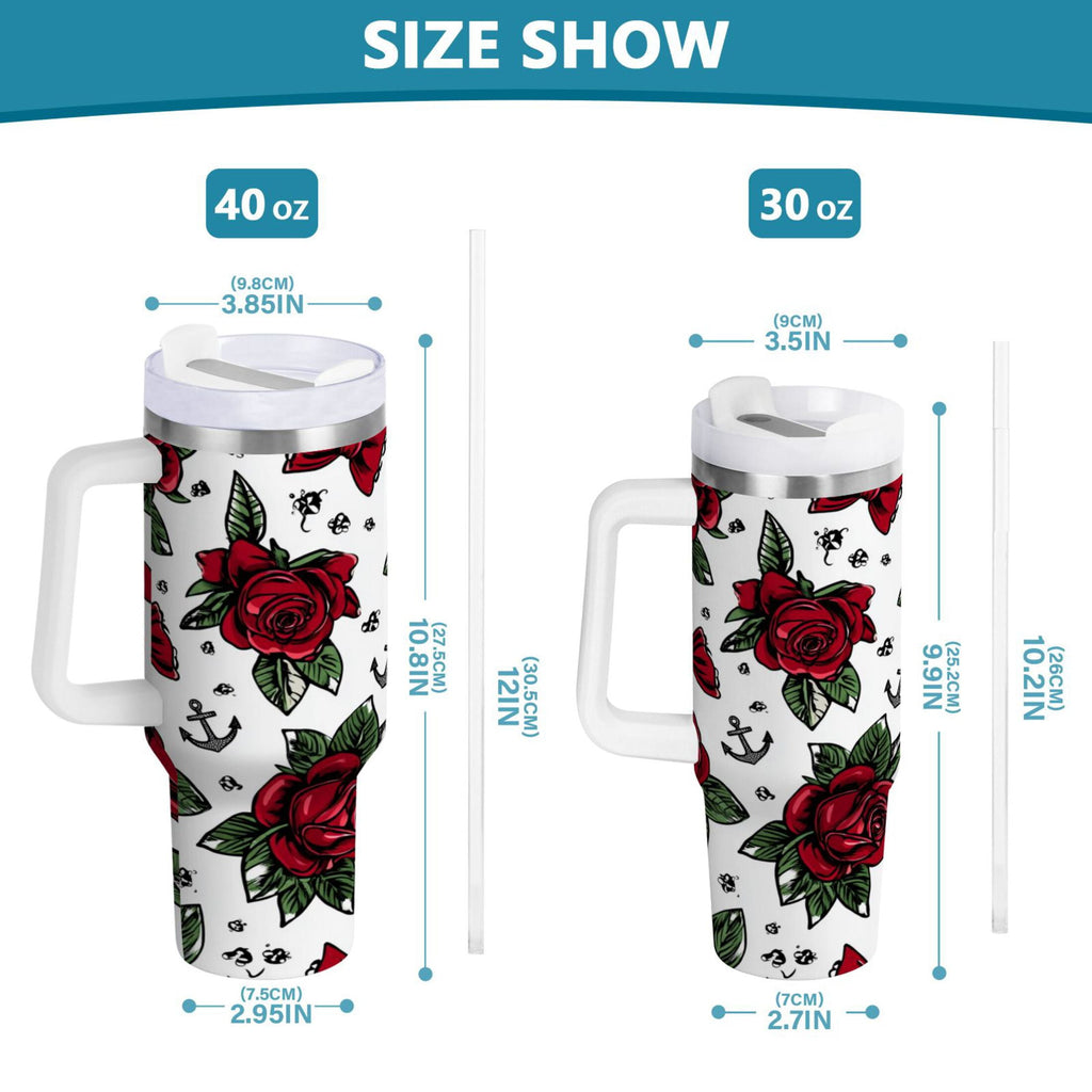 40 oz Insulated Stainless Steel Tumbler Double Wall Stainless Steel Tumbler with 2-Way Drinking Red Roses and Cherries Edition-TKCJ