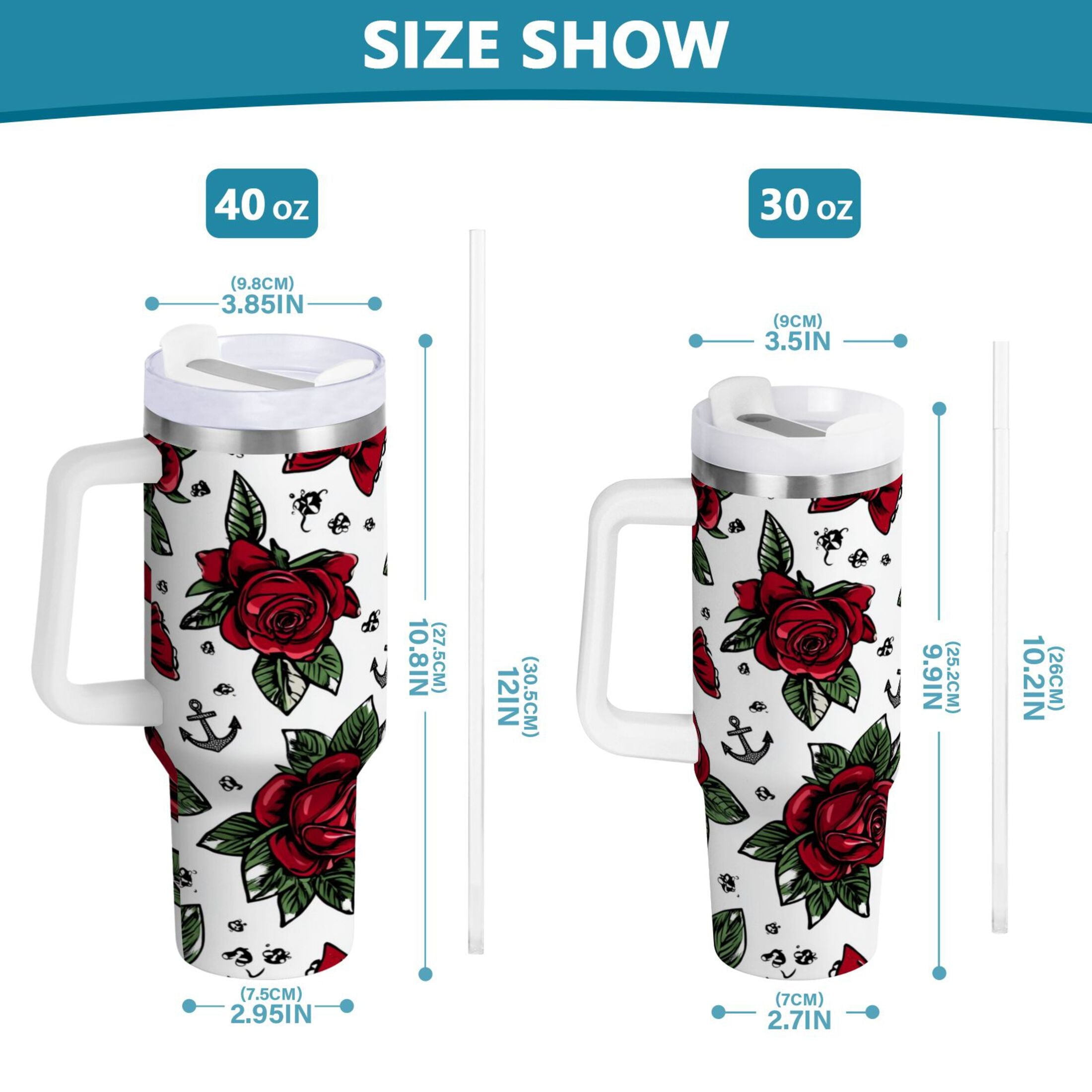 40 oz Insulated Stainless Steel Tumbler Double Wall Stainless Steel Tumbler with 2-Way Drinking Red Roses and Cherries Edition-TKCJ