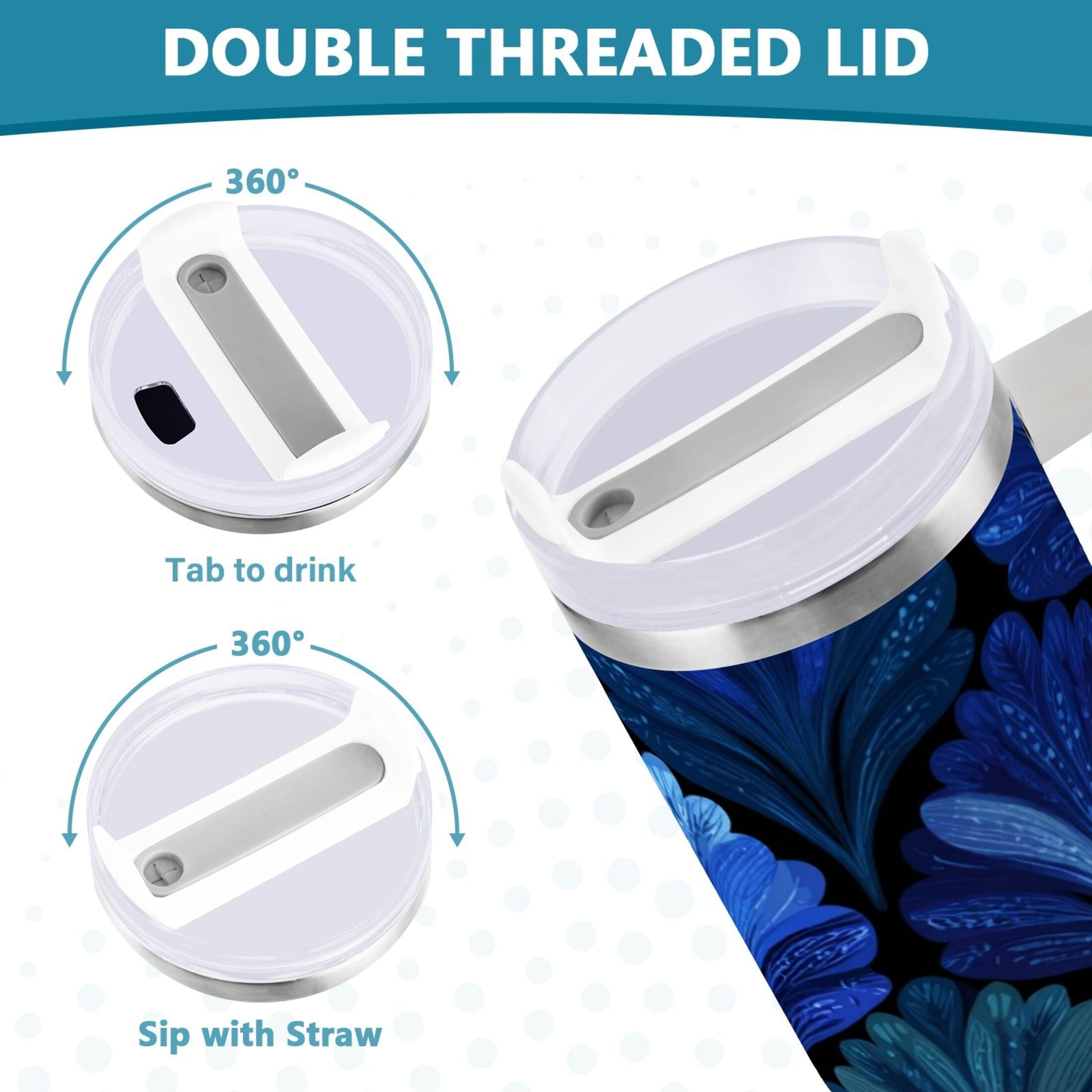 30 oz Insulated Stainless Steel Tumbler Double Wall Stainless Steel Tumbler with 2-Way Drinking Blue Batik Leaves Pattern Edition-U7IY