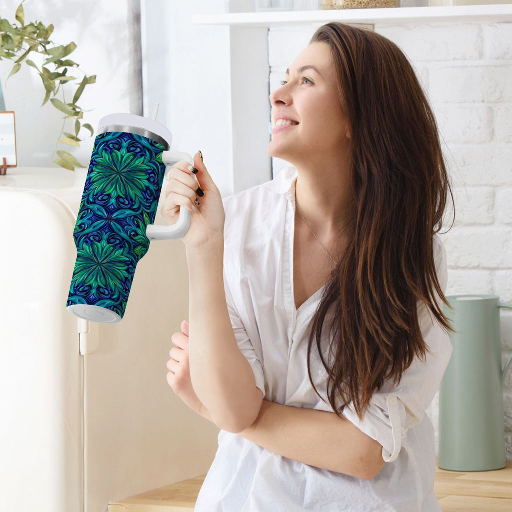 40 oz Insulated Stainless Steel Tumbler Double Wall Stainless Steel Tumbler with 2-Way Drinking Elegant Blue Traditional Patterns Edition-2WG4