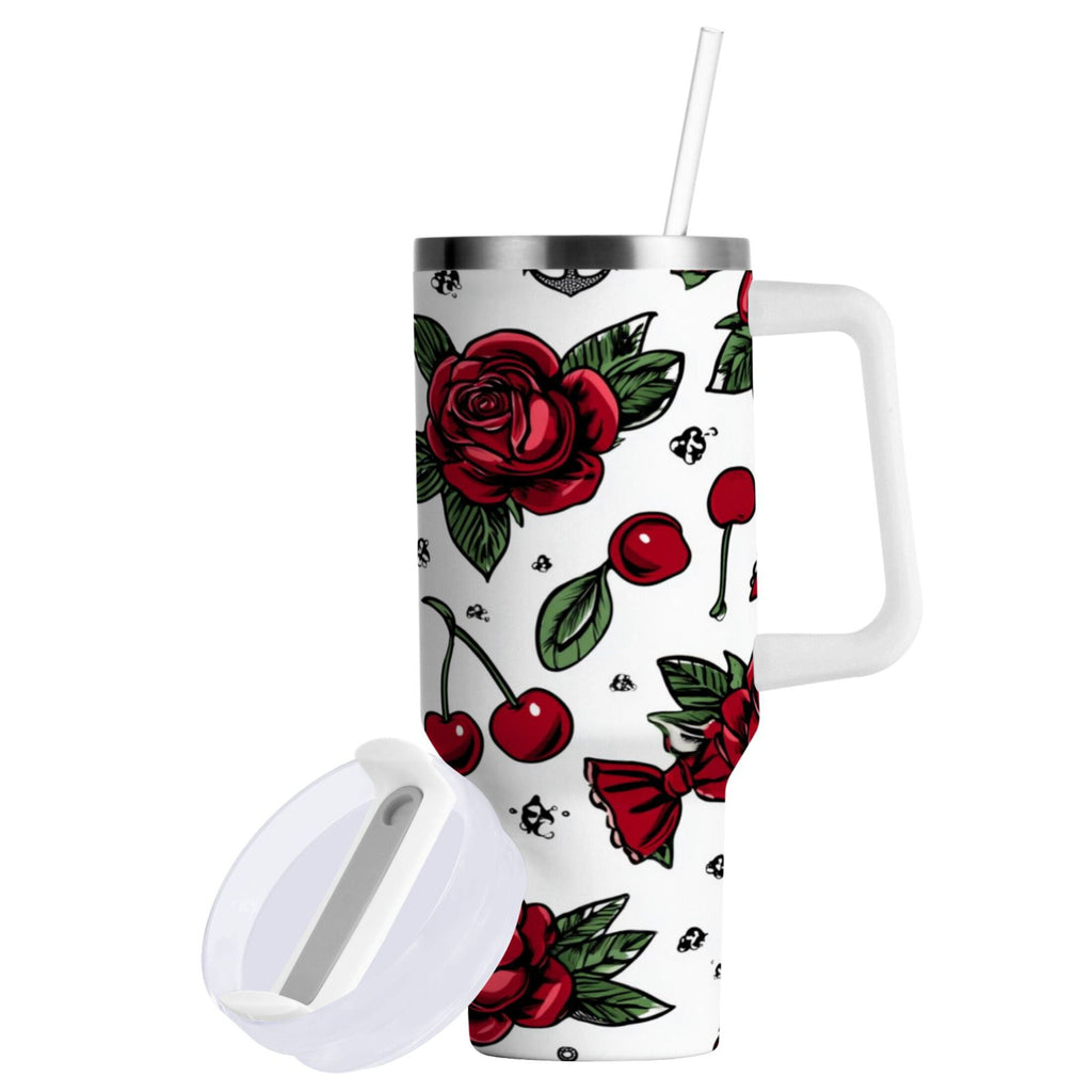 40 oz Insulated Stainless Steel Tumbler Double Wall Stainless Steel Tumbler with 2-Way Drinking Red Roses and Cherries Edition-TKCJ