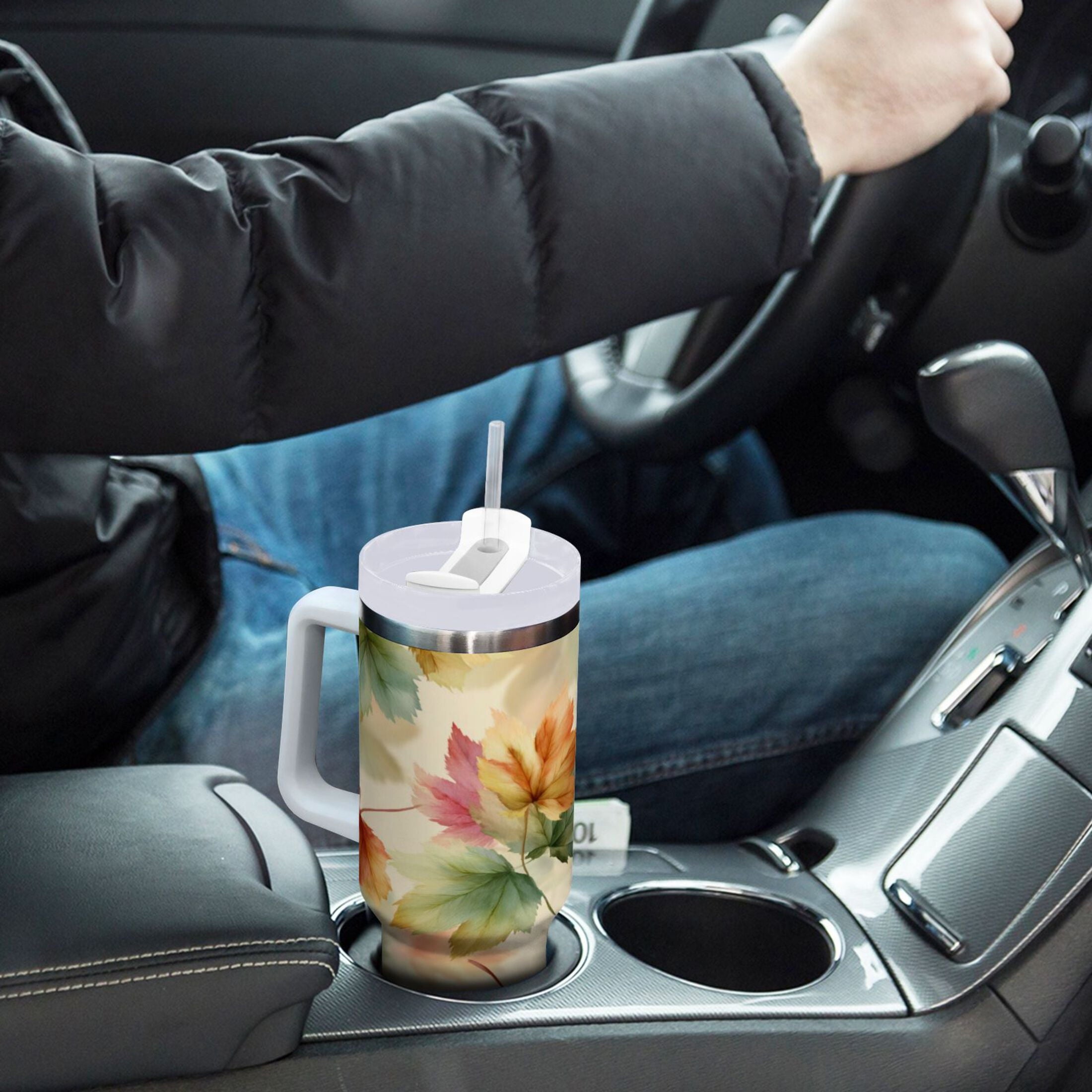 40 oz Insulated Stainless Steel Tumbler Double Wall Stainless Steel Tumbler with 2-Way Drinking Watercolor Maple Leaves Pattern Edition-I5IS