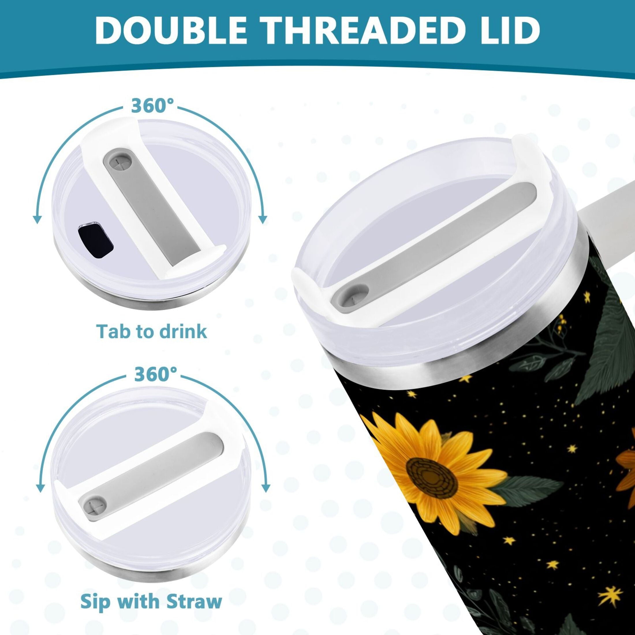 30 oz Insulated Stainless Steel Tumbler Double Wall Stainless Steel Tumbler with 2-Way Drinking Yellow Sunflower Pattern Edition-7NHV