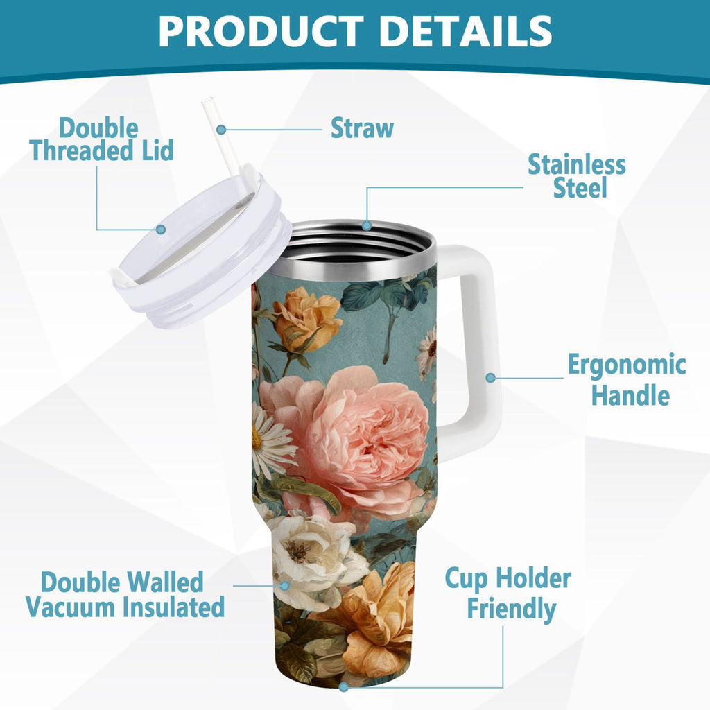 30 oz Insulated Stainless Steel Tumbler Double Wall Stainless Steel Tumbler with 2-Way Drinking Vintage Roses and Peonies Edition-I8MW