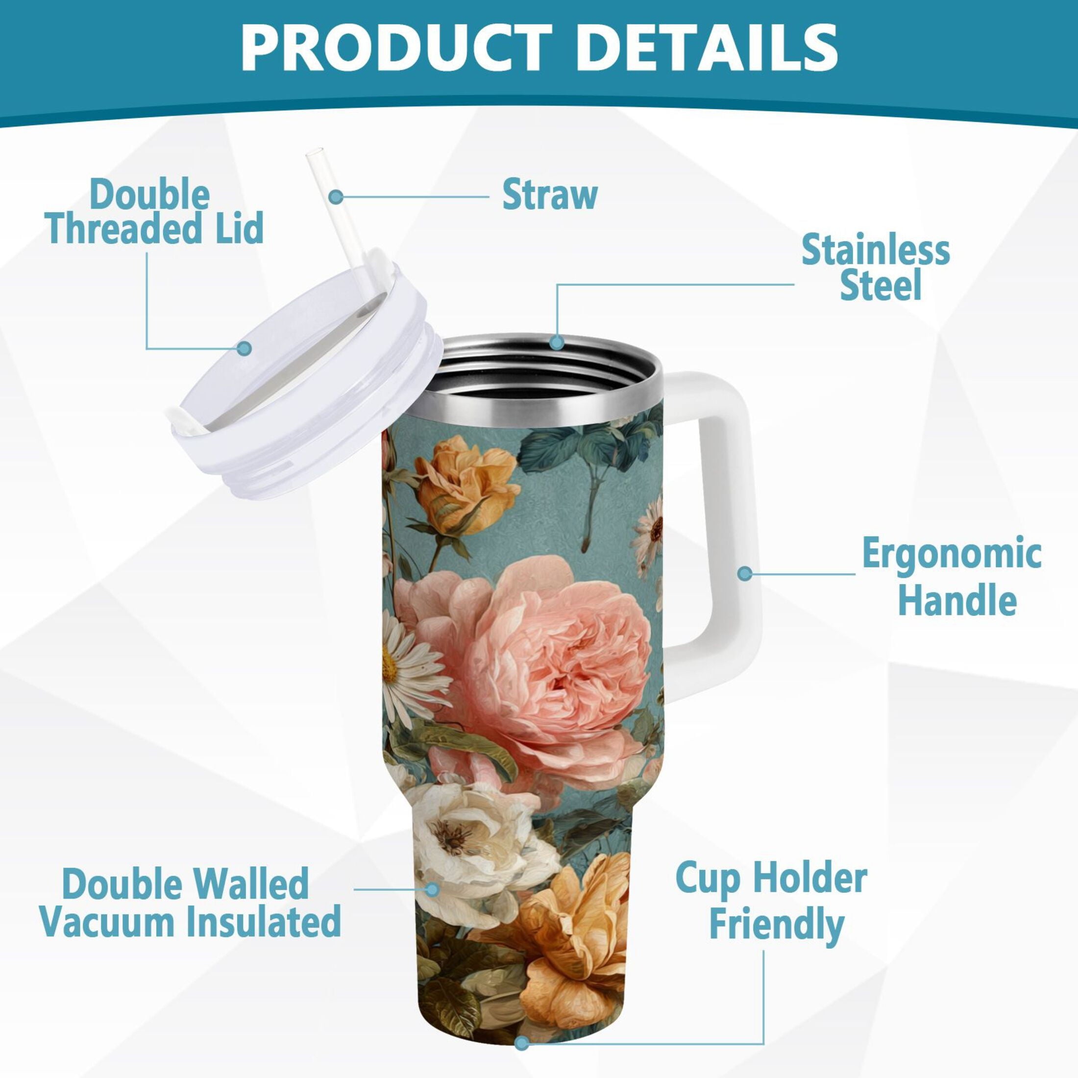 30 oz Insulated Stainless Steel Tumbler Double Wall Stainless Steel Tumbler with 2-Way Drinking Vintage Roses and Peonies Edition-I8MW