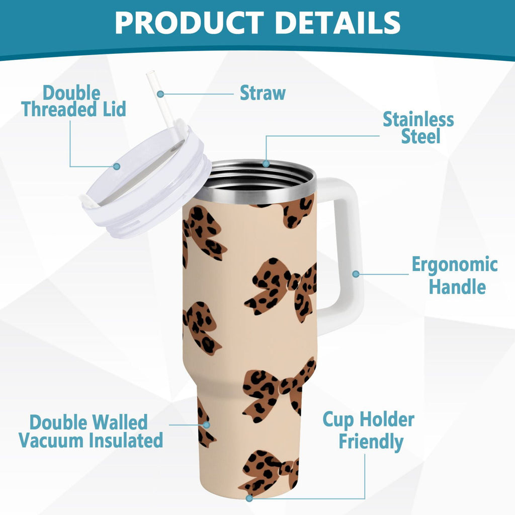 30 oz Insulated Stainless Steel Tumbler Double Wall Stainless Steel Tumbler with 2-Way Drinking Cute Brown Bow Edition-E874