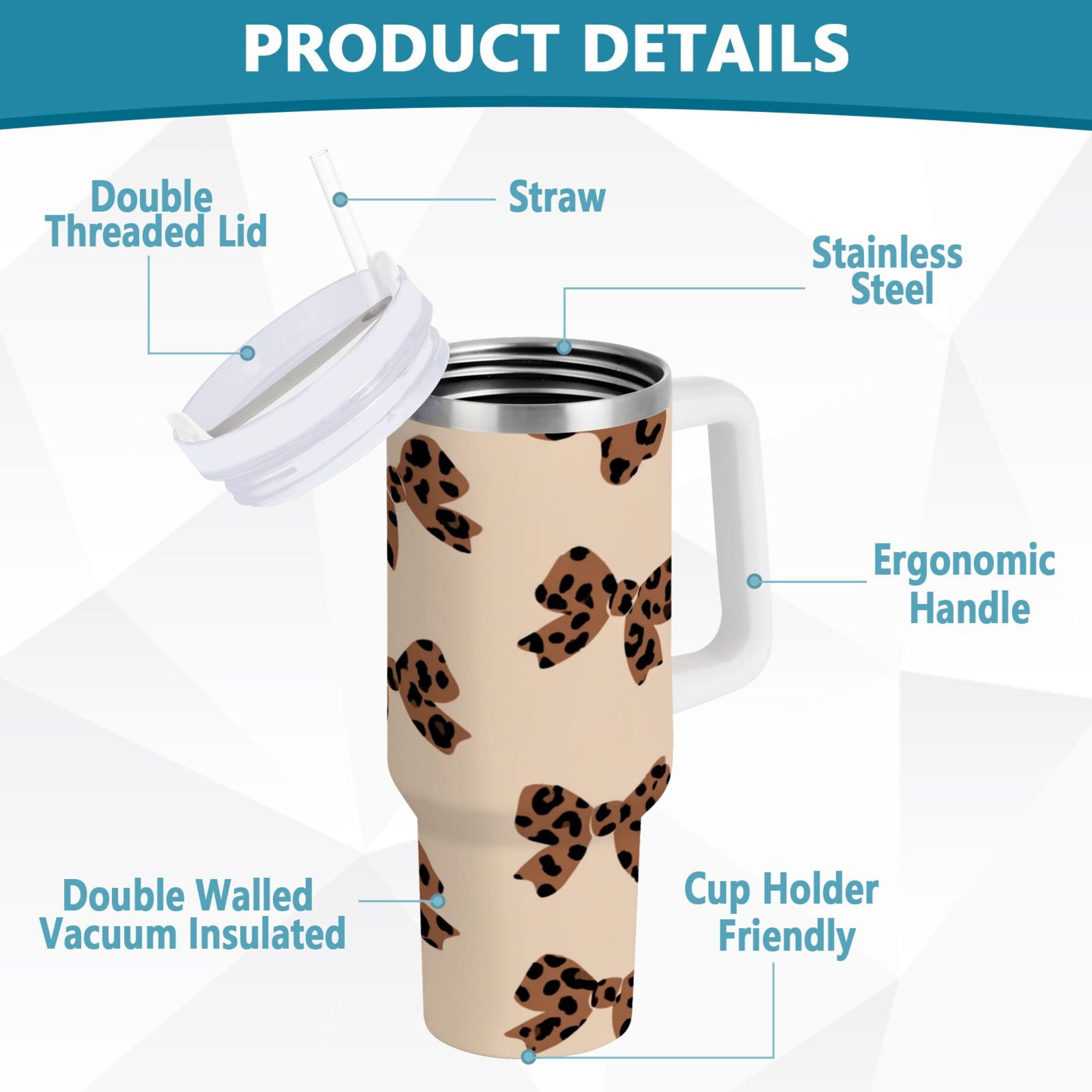 30 oz Insulated Stainless Steel Tumbler Double Wall Stainless Steel Tumbler with 2-Way Drinking Cute Brown Bow Edition-E874