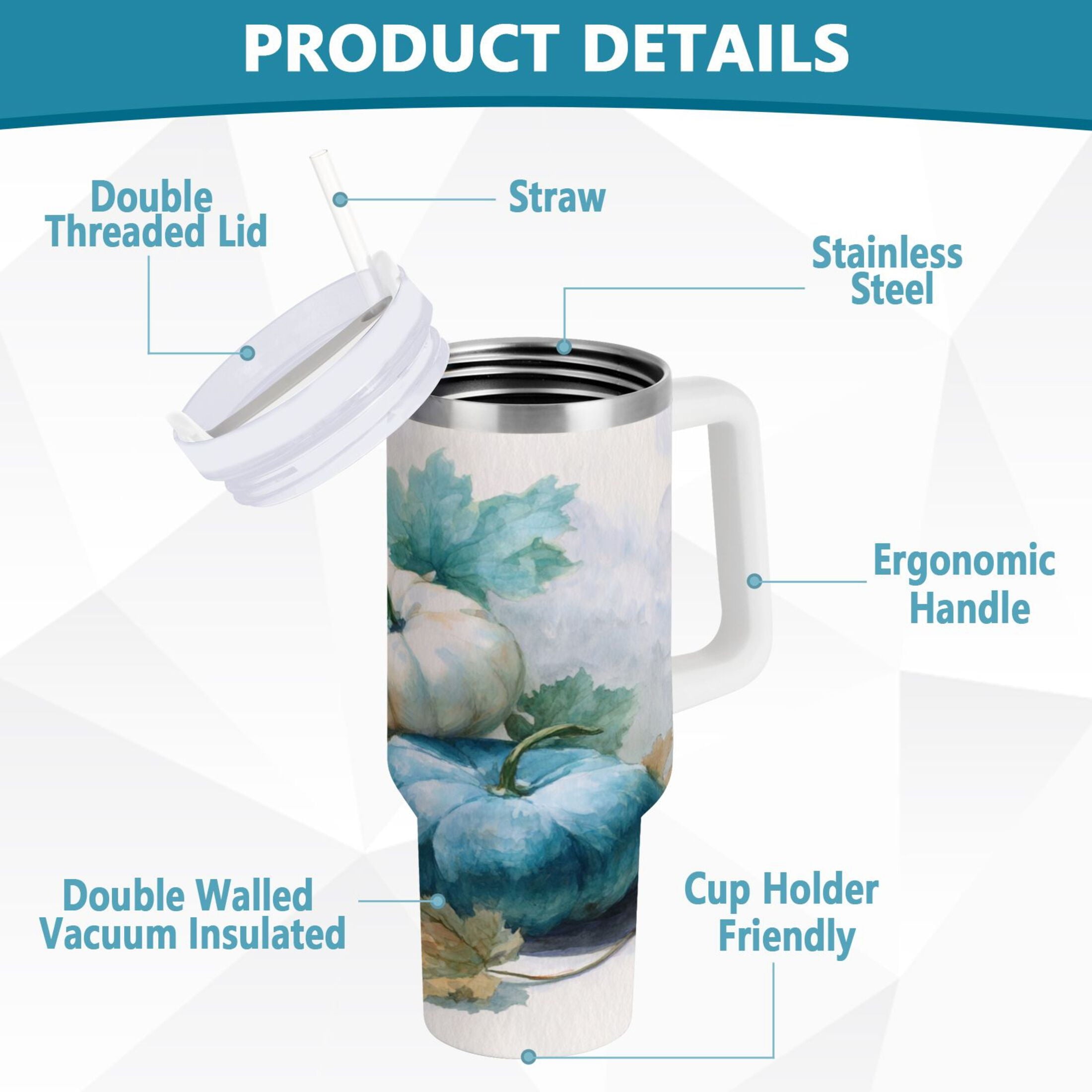 40 oz Insulated Stainless Steel Tumbler Double Wall Stainless Steel Tumbler with 2-Way Drinking Watercolor Pumpkins and Leaves Edition-UHYV