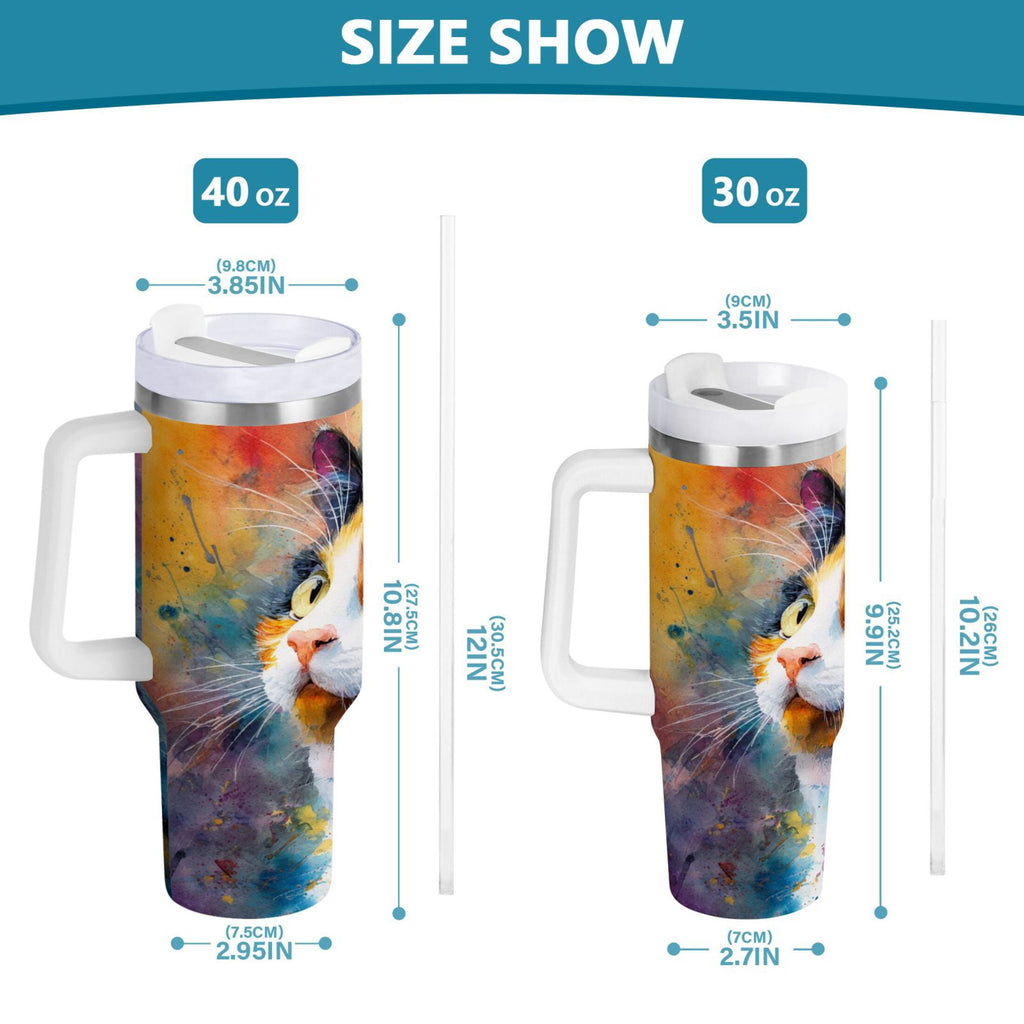 30 oz Insulated Stainless Steel Tumbler Double Wall Stainless Steel Tumbler with 2-Way Drinking Watercolor Calico Cat Edition-3GDV