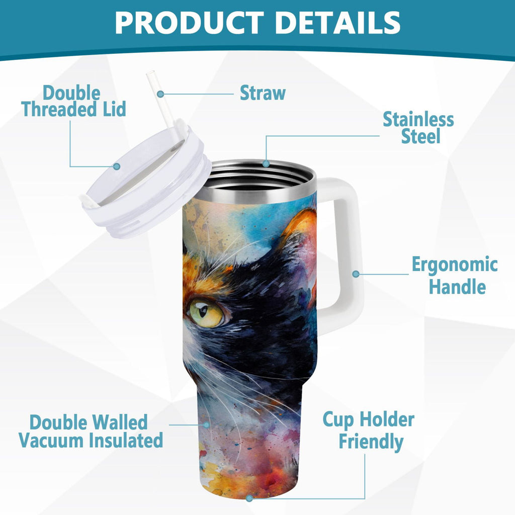 30 oz Insulated Stainless Steel Tumbler Double Wall Stainless Steel Tumbler with 2-Way Drinking Watercolor Calico Cat Edition-3GDV