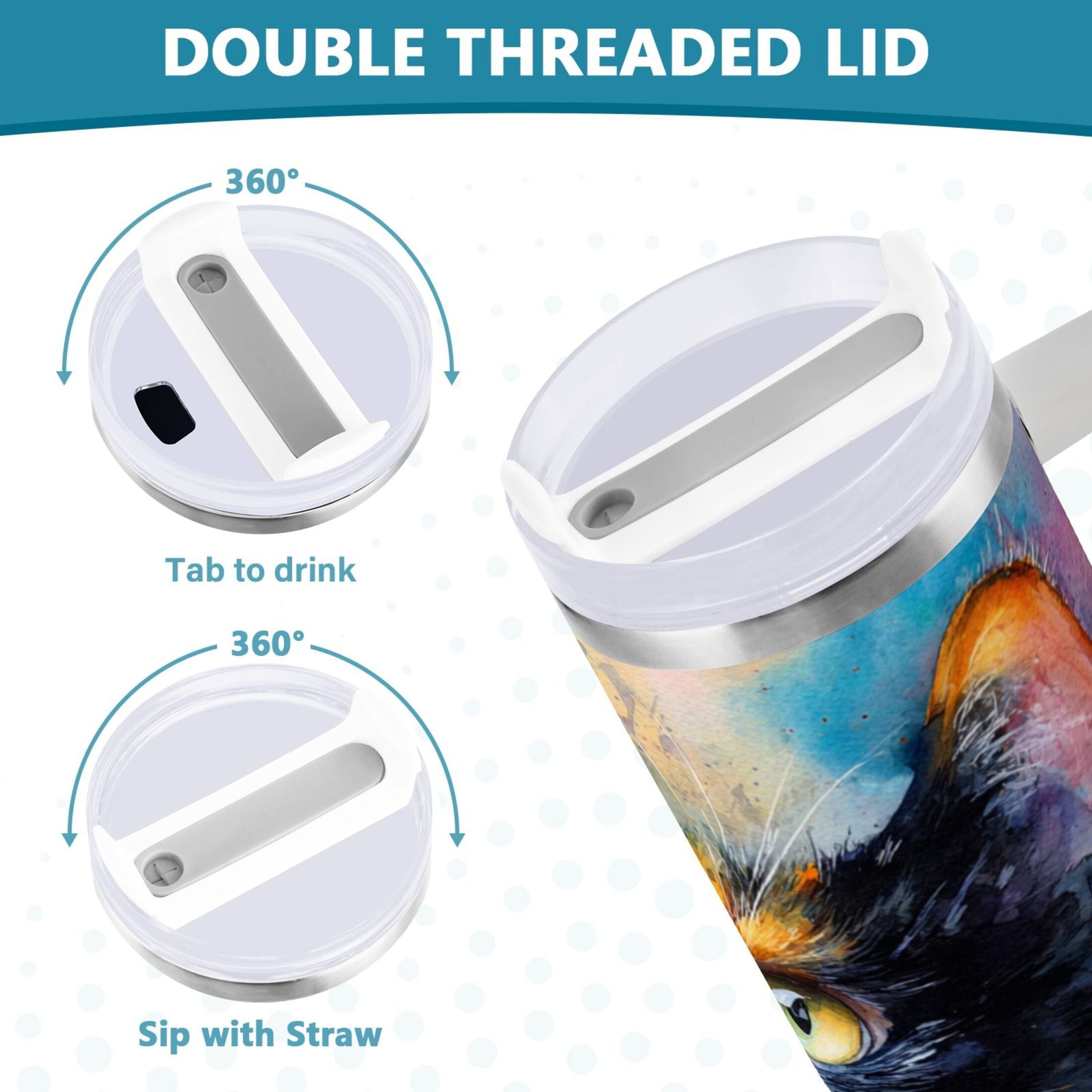 30 oz Insulated Stainless Steel Tumbler Double Wall Stainless Steel Tumbler with 2-Way Drinking Watercolor Calico Cat Edition-3GDV