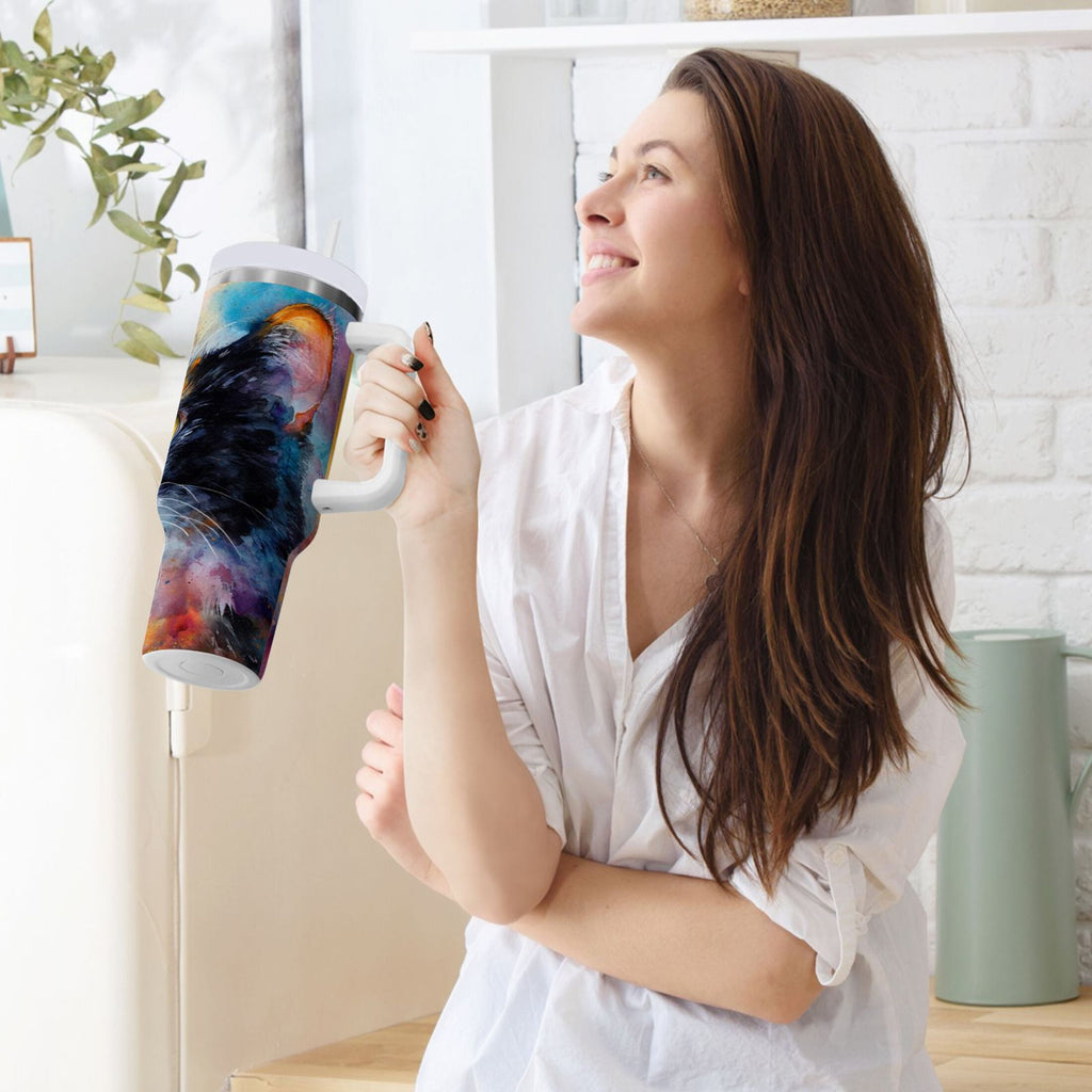 30 oz Insulated Stainless Steel Tumbler Double Wall Stainless Steel Tumbler with 2-Way Drinking Watercolor Calico Cat Edition-3GDV
