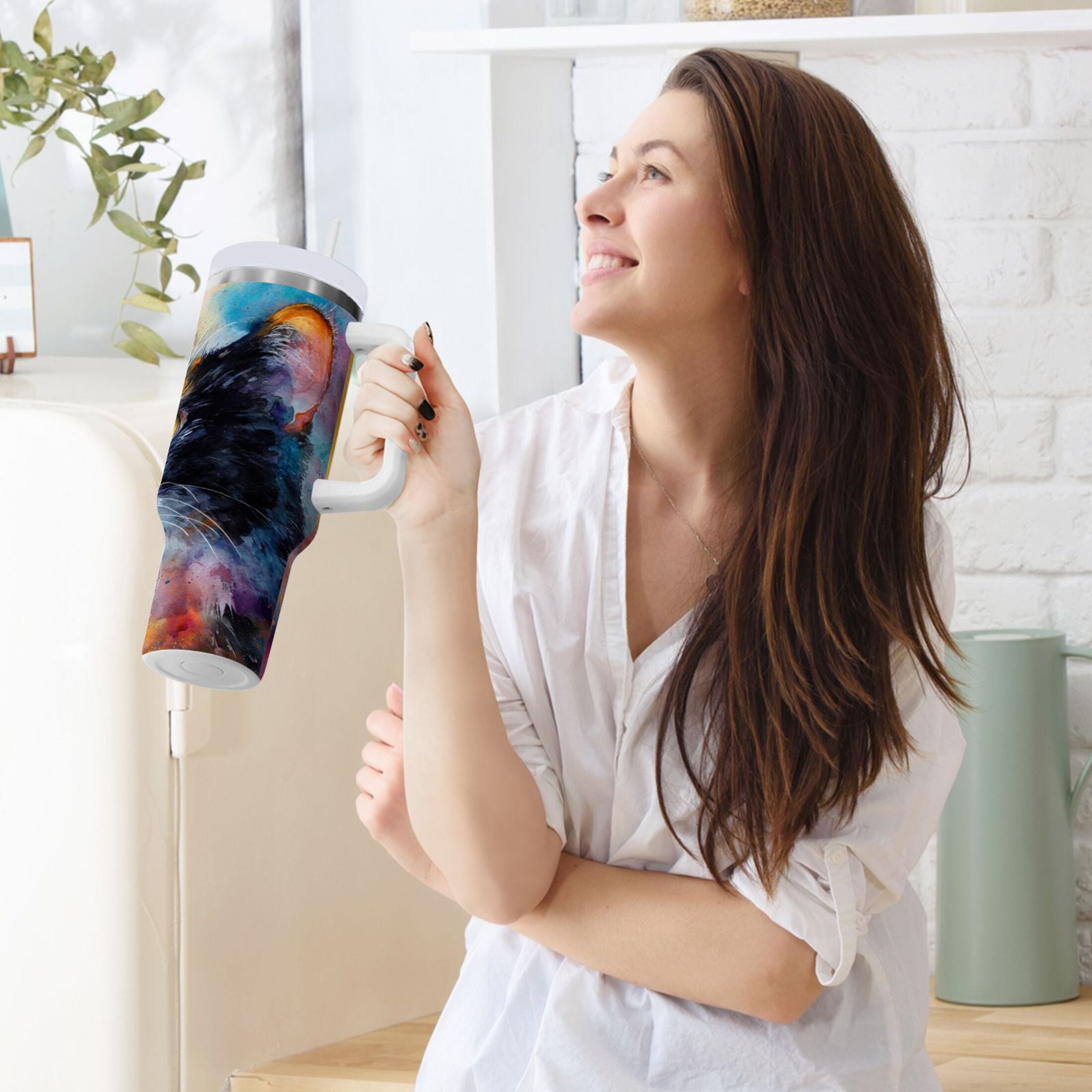 30 oz Insulated Stainless Steel Tumbler Double Wall Stainless Steel Tumbler with 2-Way Drinking Watercolor Calico Cat Edition-3GDV