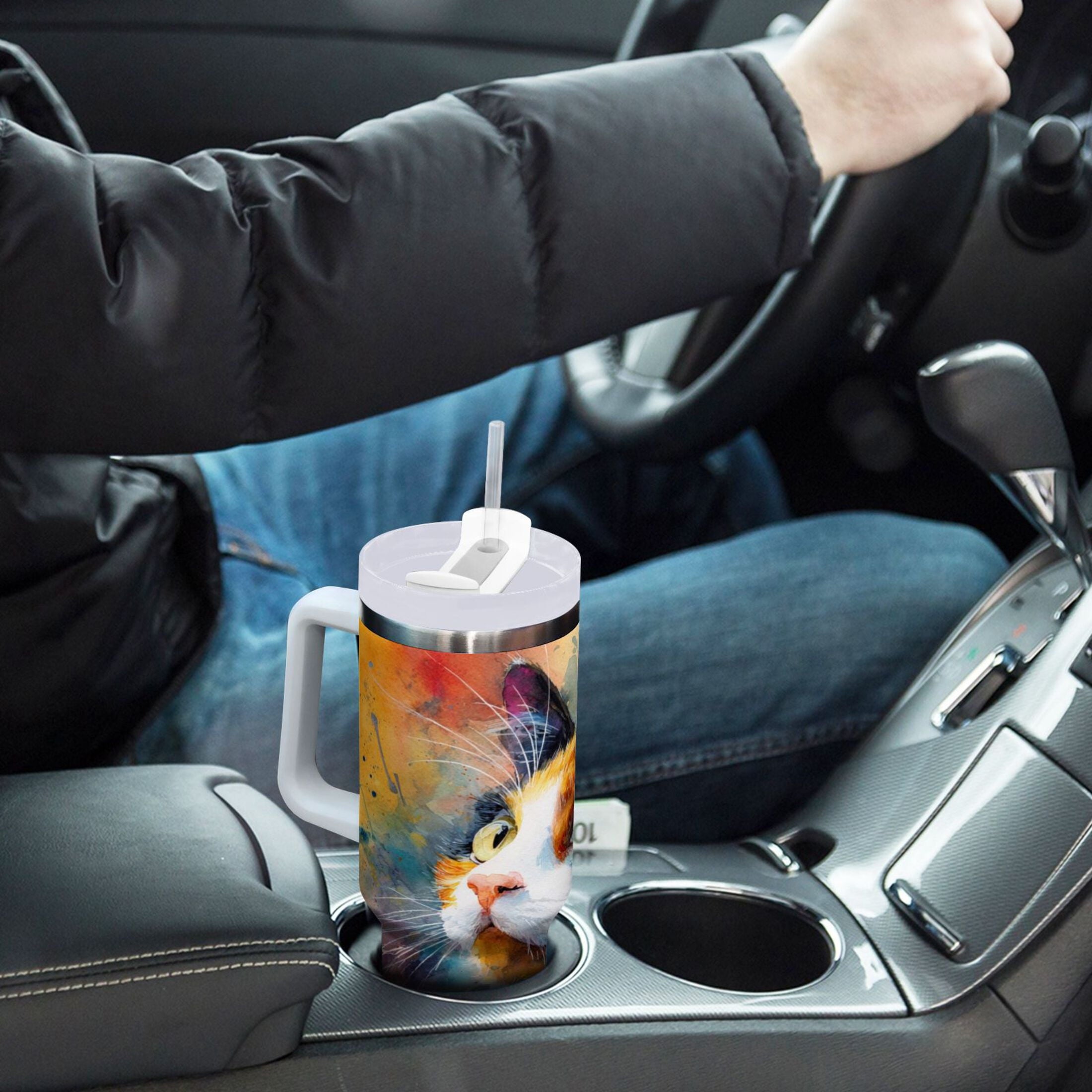 30 oz Insulated Stainless Steel Tumbler Double Wall Stainless Steel Tumbler with 2-Way Drinking Watercolor Calico Cat Edition-3GDV