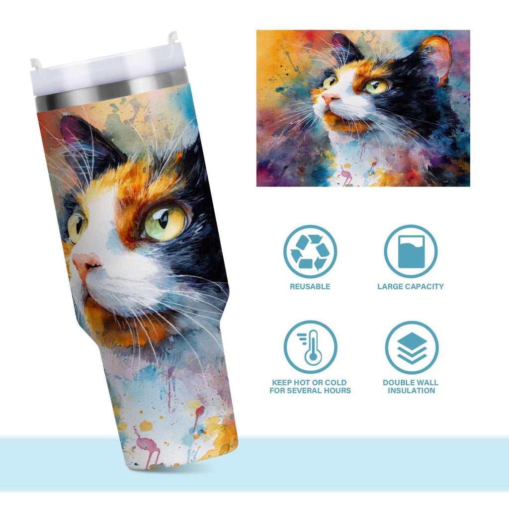 30 oz Insulated Stainless Steel Tumbler Double Wall Stainless Steel Tumbler with 2-Way Drinking Watercolor Calico Cat Edition-3GDV