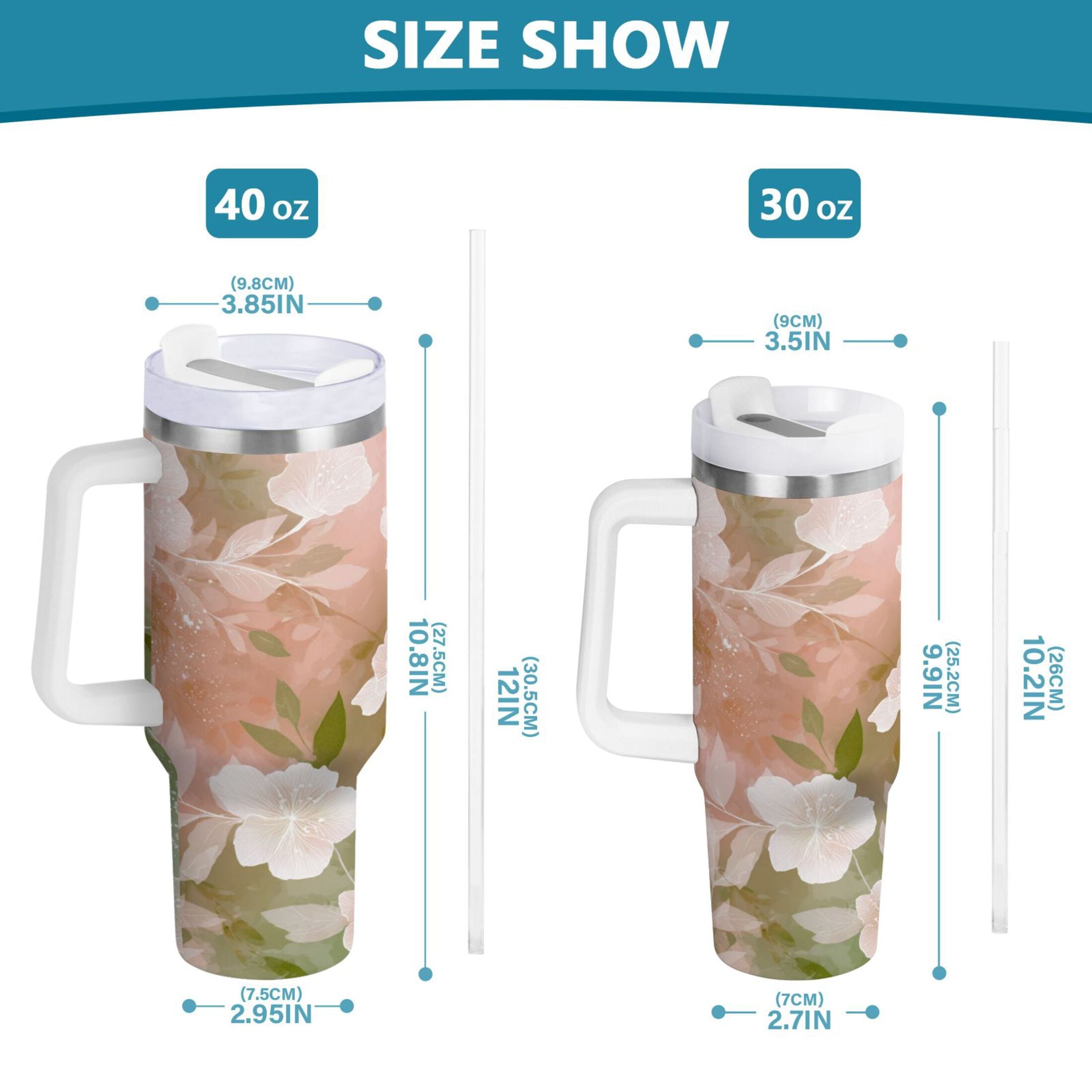 30 oz Insulated Stainless Steel Tumbler Double Wall Stainless Steel Tumbler with 2-Way Drinking Gradient Elegant Floral Edition-RWD9