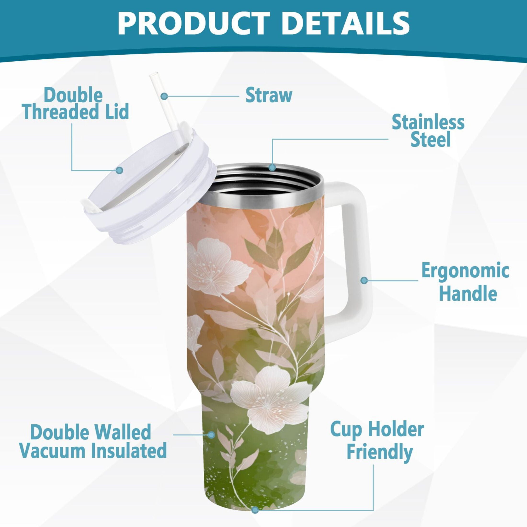 30 oz Insulated Stainless Steel Tumbler Double Wall Stainless Steel Tumbler with 2-Way Drinking Gradient Elegant Floral Edition-RWD9