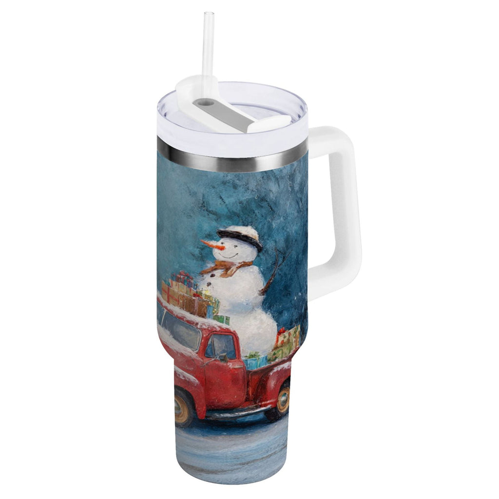 40 oz Insulated Stainless Steel Tumbler Double Wall Stainless Steel Tumbler with 2-Way Drinking Christmas Snowman in A Red Truck Edition-TB4C