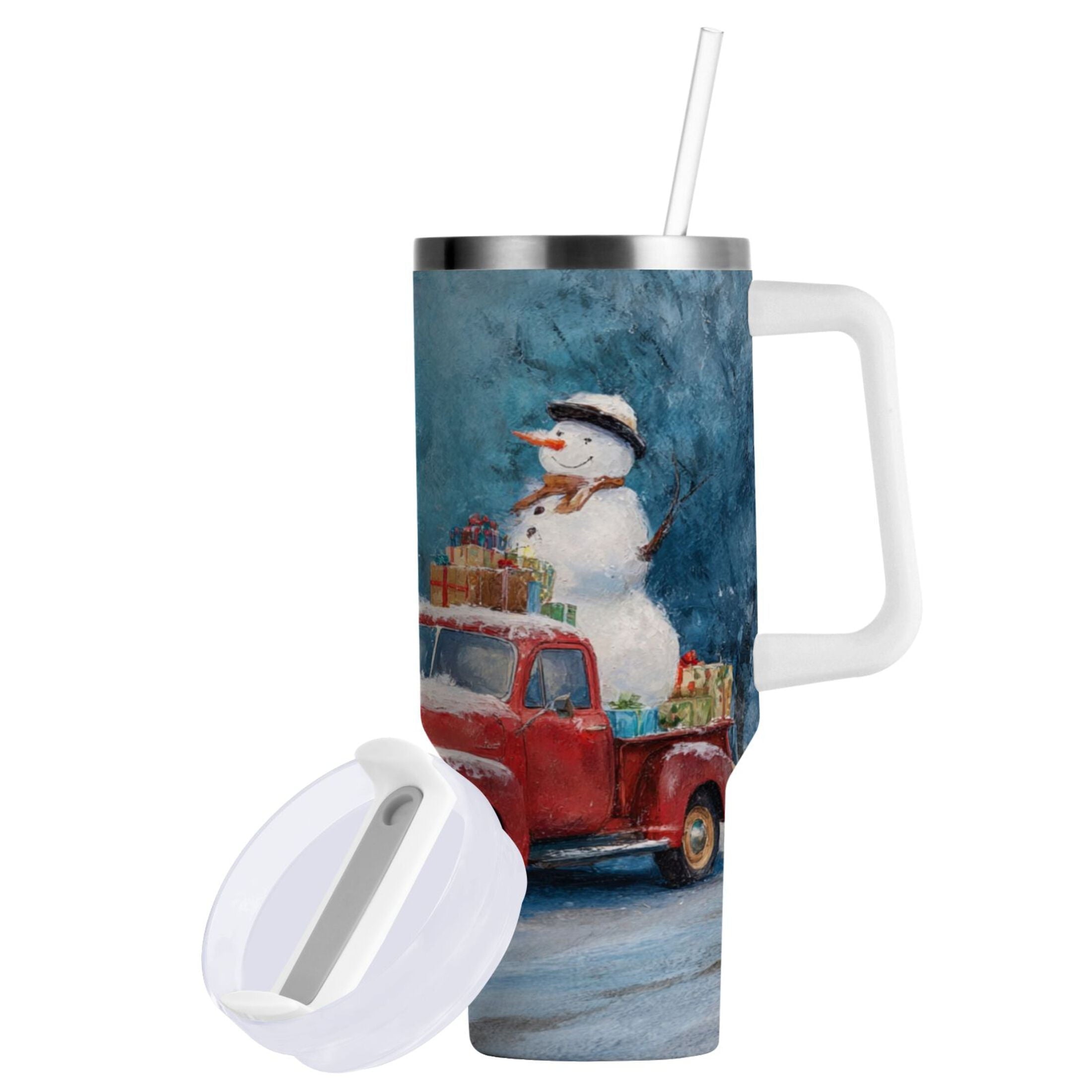 40 oz Insulated Stainless Steel Tumbler Double Wall Stainless Steel Tumbler with 2-Way Drinking Christmas Snowman in A Red Truck Edition-TB4C