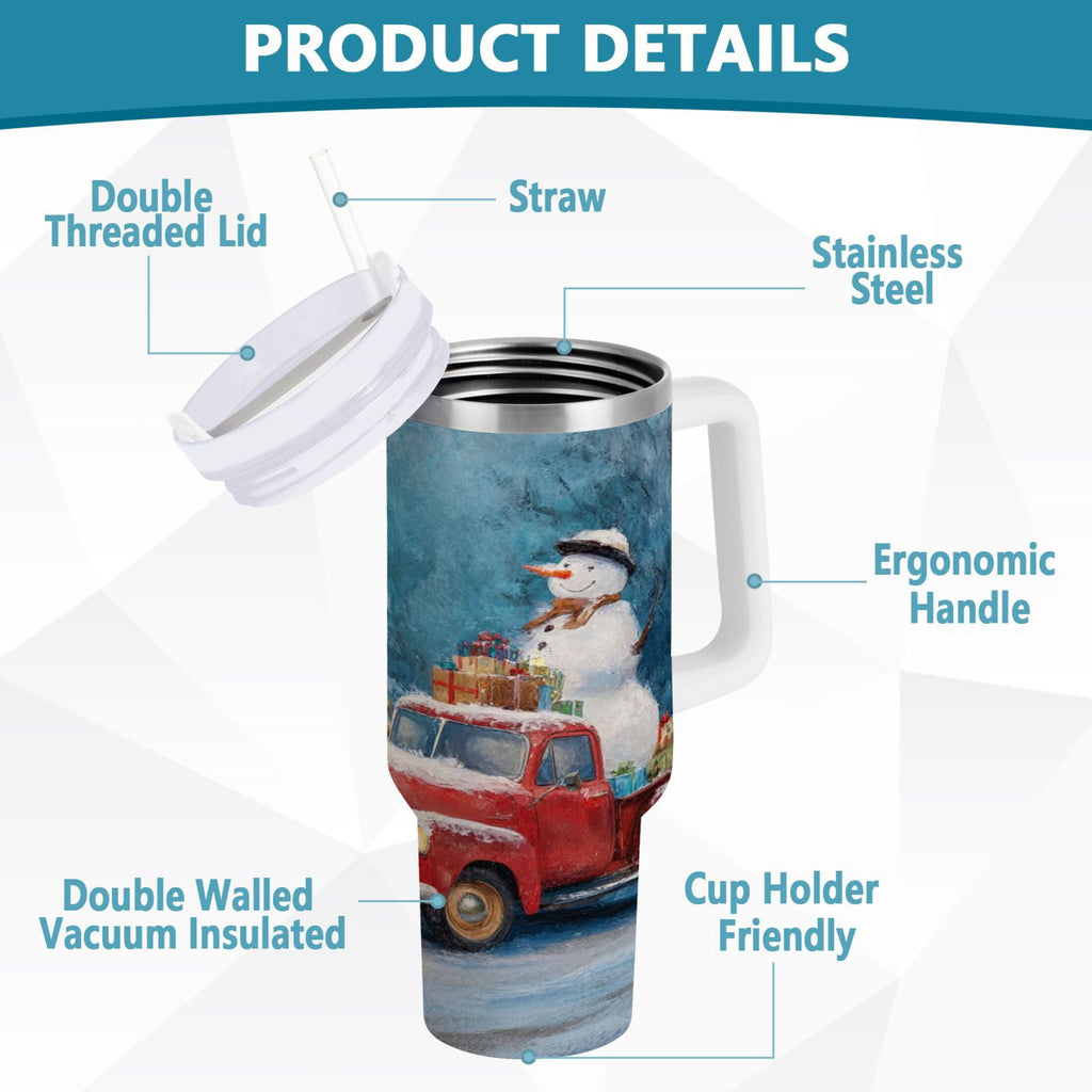 40 oz Insulated Stainless Steel Tumbler Double Wall Stainless Steel Tumbler with 2-Way Drinking Christmas Snowman in A Red Truck Edition-TB4C