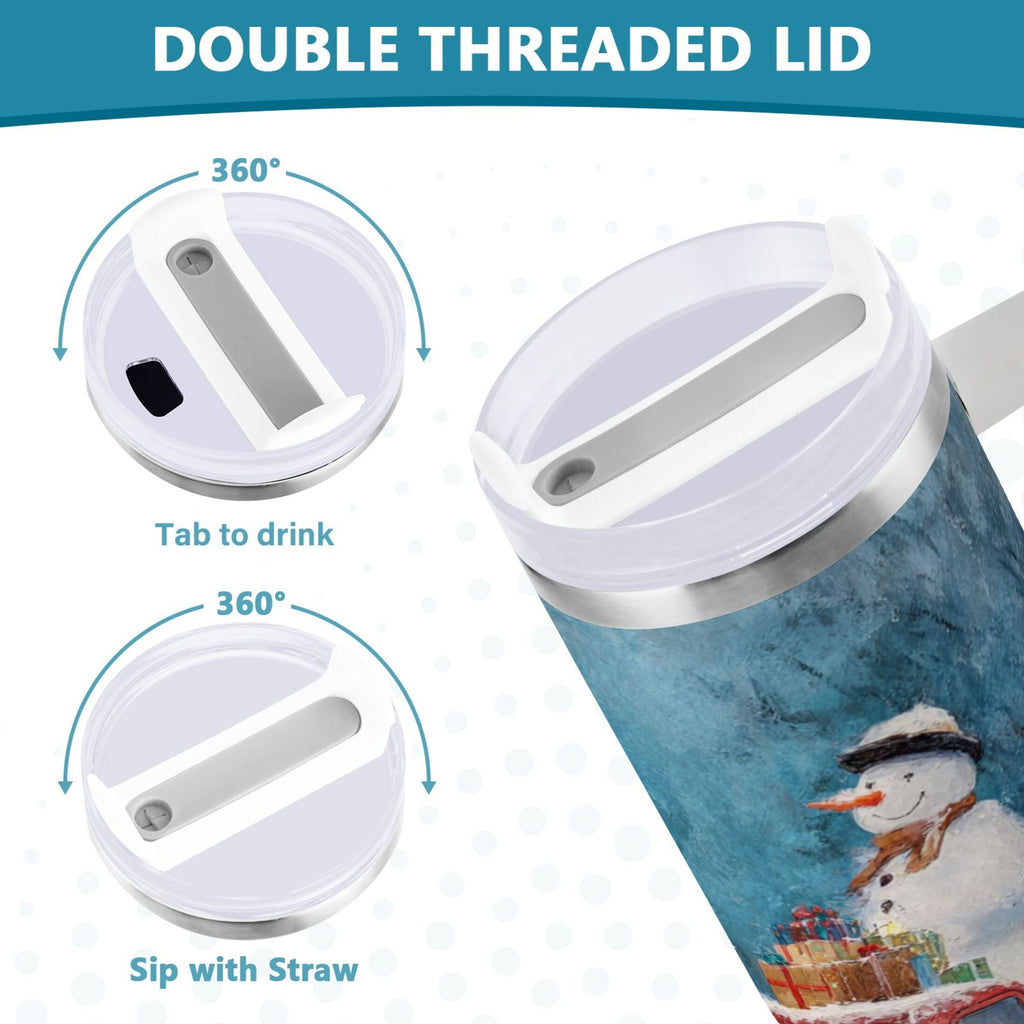 40 oz Insulated Stainless Steel Tumbler Double Wall Stainless Steel Tumbler with 2-Way Drinking Christmas Snowman in A Red Truck Edition-TB4C