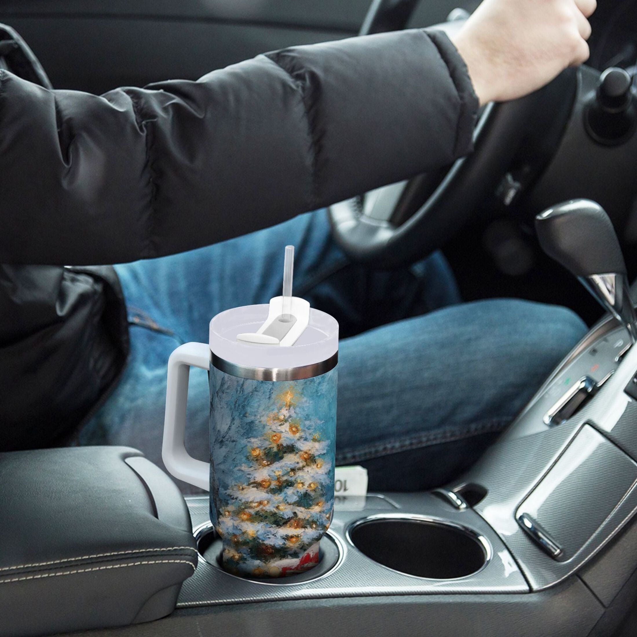 40 oz Insulated Stainless Steel Tumbler Double Wall Stainless Steel Tumbler with 2-Way Drinking Christmas Snowman in A Red Truck Edition-TB4C