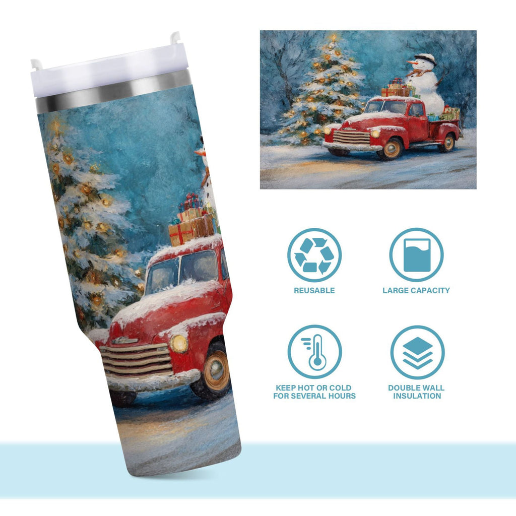40 oz Insulated Stainless Steel Tumbler Double Wall Stainless Steel Tumbler with 2-Way Drinking Christmas Snowman in A Red Truck Edition-TB4C