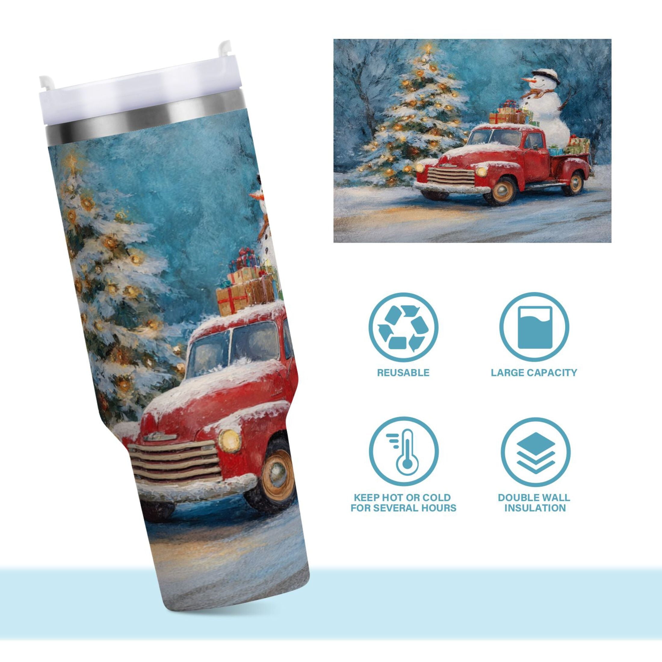 40 oz Insulated Stainless Steel Tumbler Double Wall Stainless Steel Tumbler with 2-Way Drinking Christmas Snowman in A Red Truck Edition-TB4C