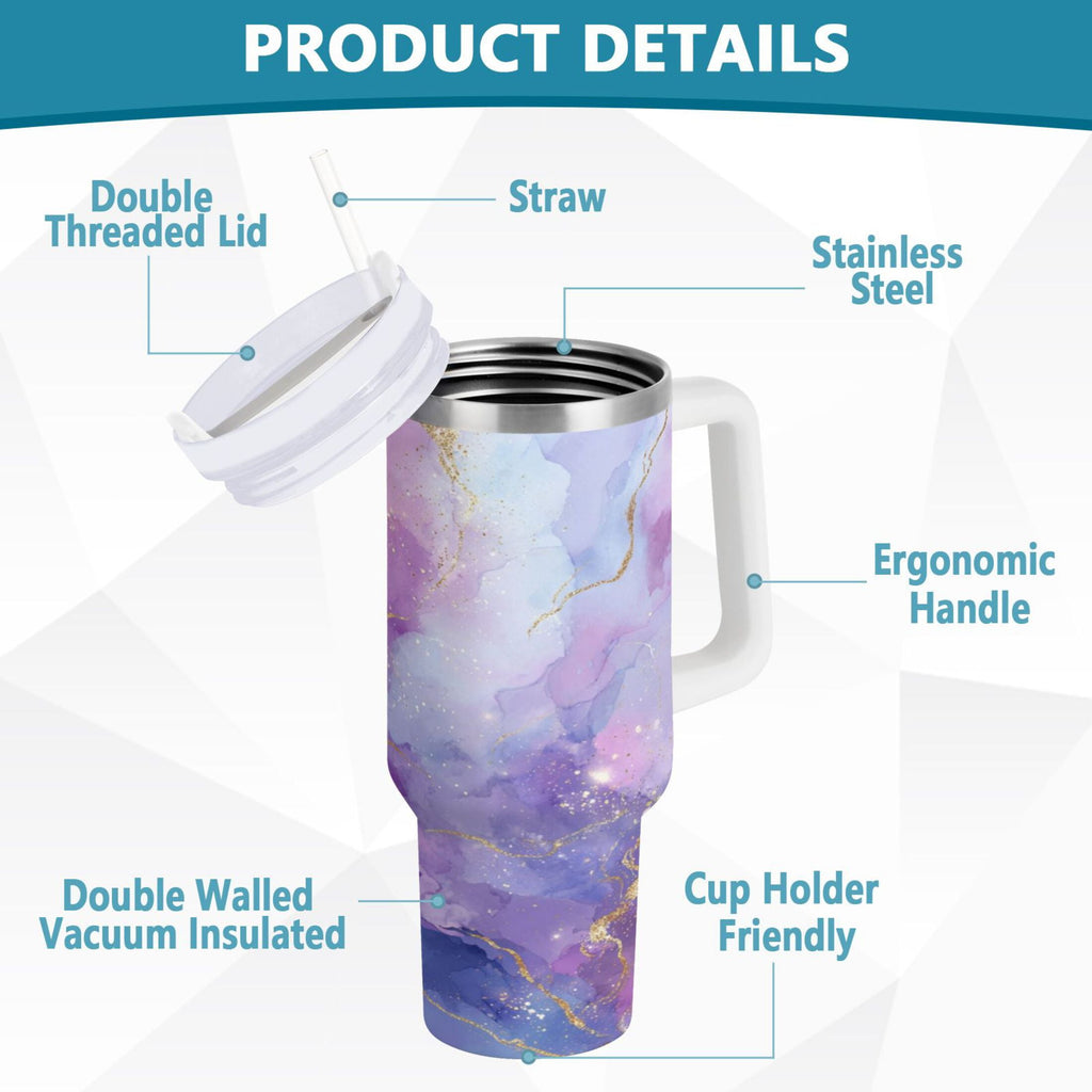 40 oz Insulated Stainless Steel Tumbler Double Wall Stainless Steel Tumbler with 2-Way Drinking Pink and Blue Marble Texture Edition-9U9P