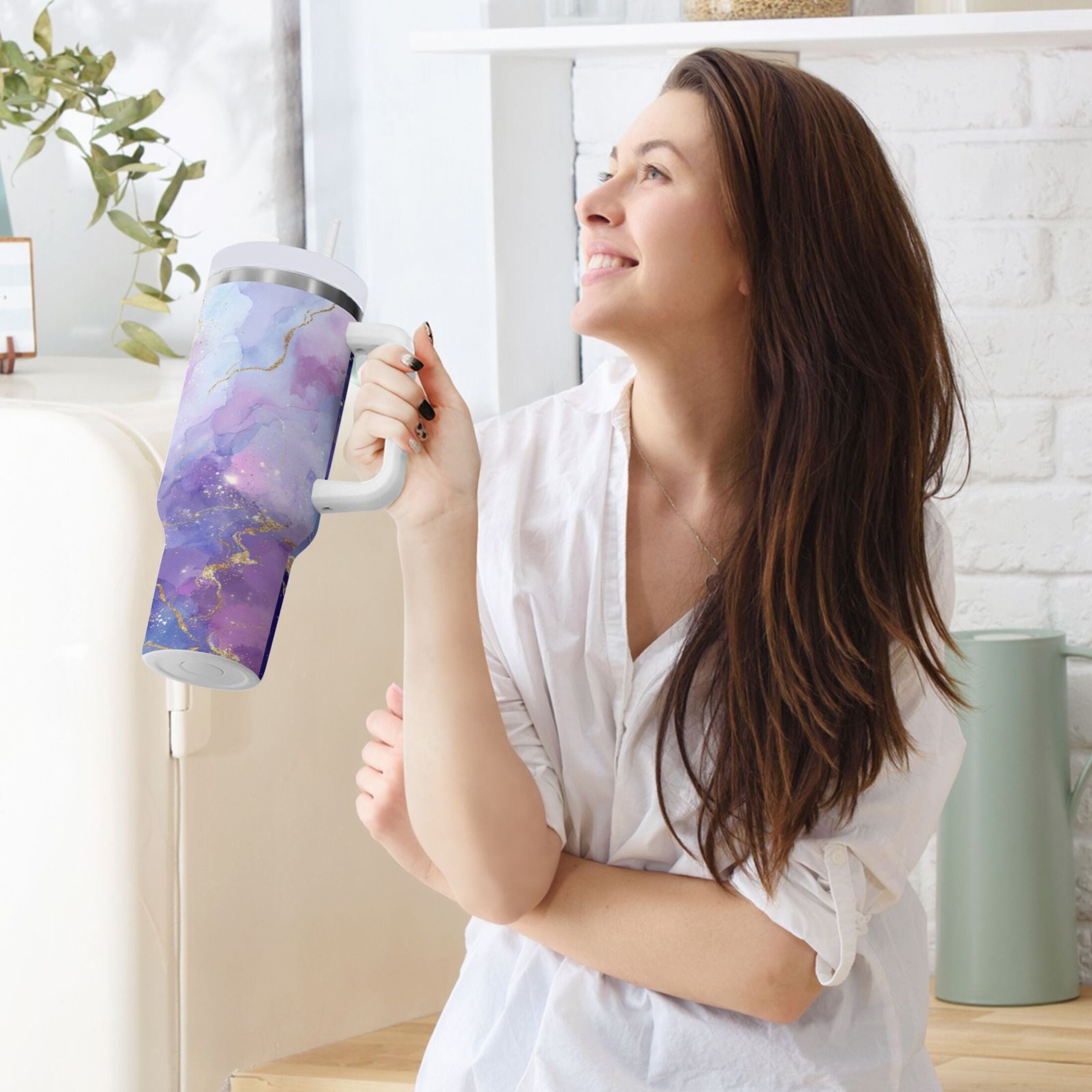40 oz Insulated Stainless Steel Tumbler Double Wall Stainless Steel Tumbler with 2-Way Drinking Pink and Blue Marble Texture Edition-9U9P