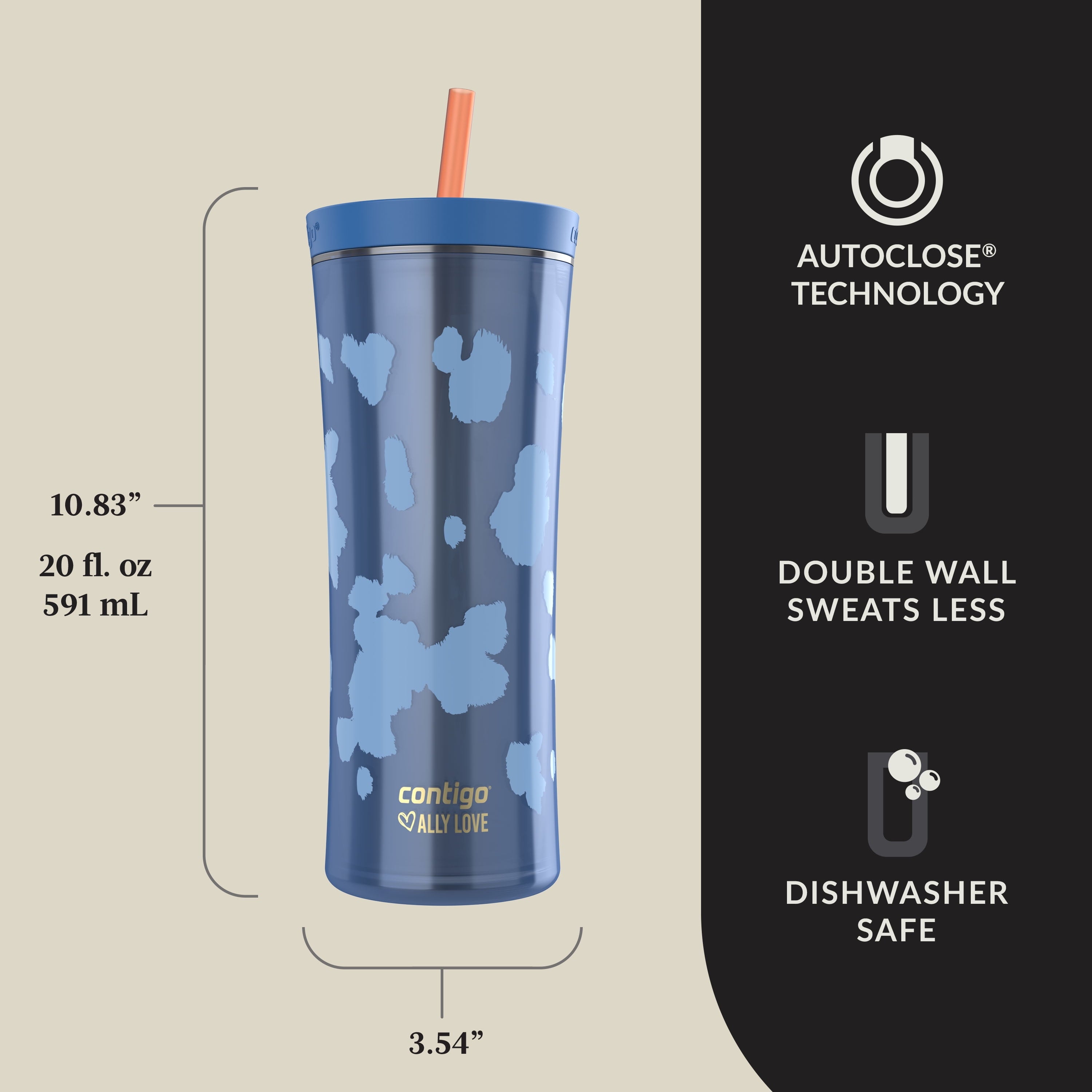 Contigo 20oz Shake &amp; Go Tumbler, Plastic with Straw, Stellar Jay Cowhide Couture Edition-504M