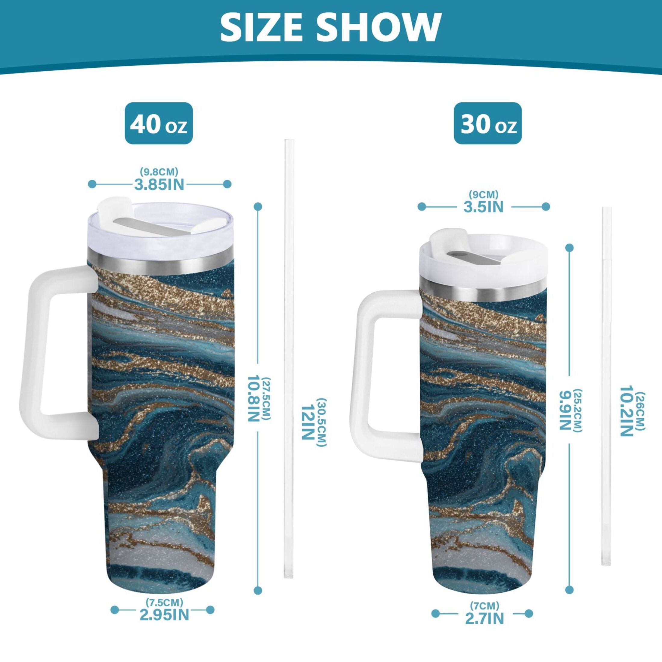 30 oz Insulated Stainless Steel Tumbler Double Wall Stainless Steel Tumbler with 2-Way Drinking Blue and Gold Swirling Edition-MPYL