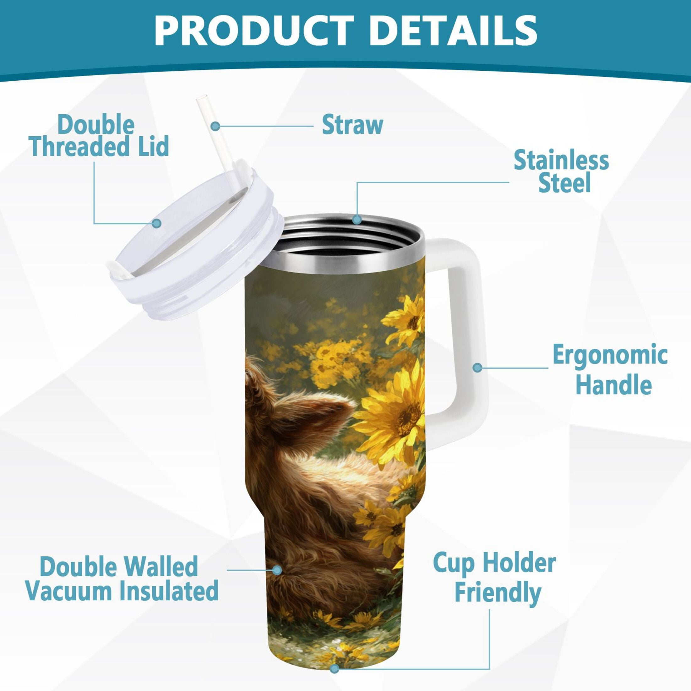 40 oz Insulated Stainless Steel Tumbler Double Wall Stainless Steel Tumbler with 2-Way Drinking Cow Lying in Sunflowers Edition-L9HL